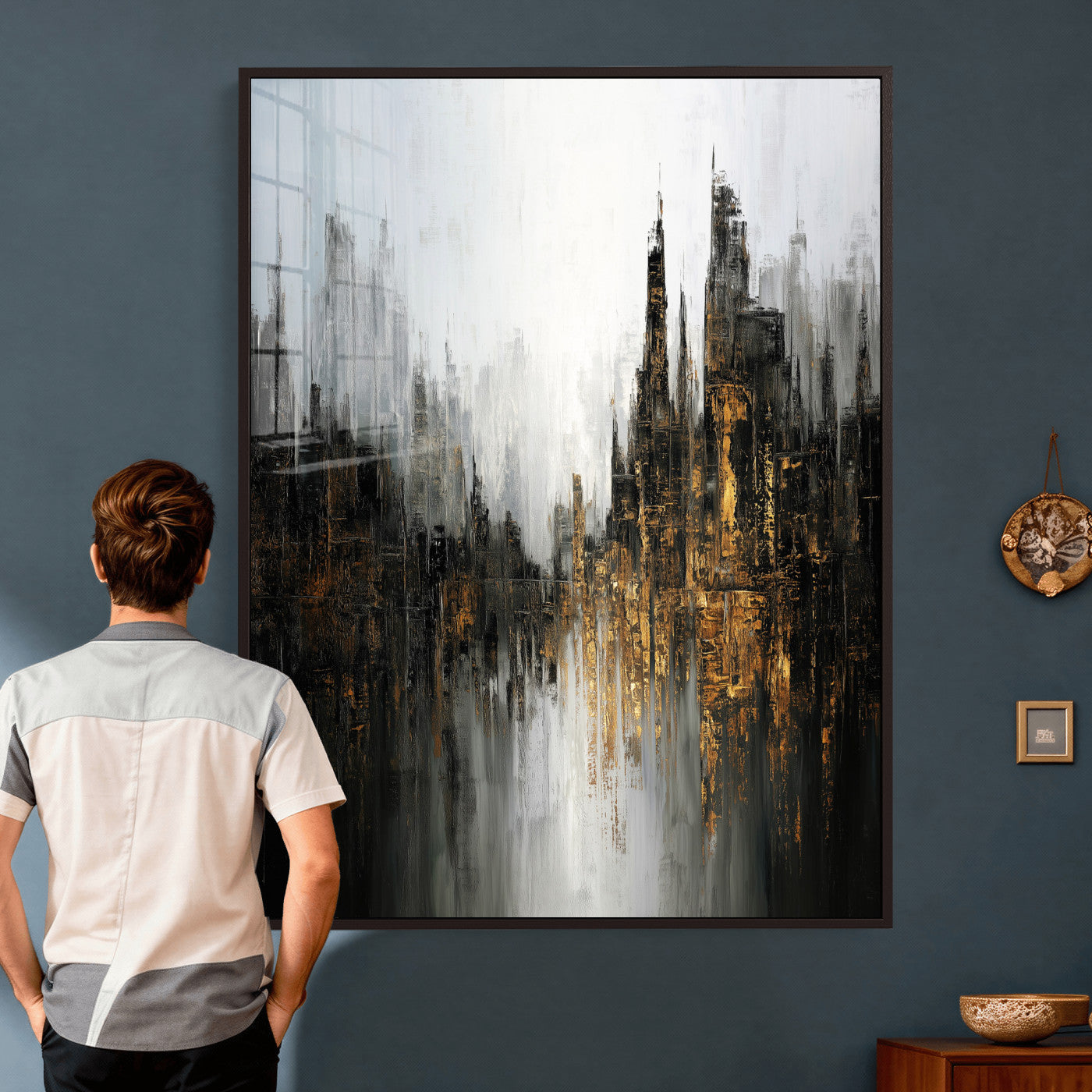 39629486-MGV-CV-24X36 - Abstract Urban Reflection Wall Art Canvas Print, Gold Black Modern Architecture Canvas Print, Contemporary Moody City Artwork for Living Room Decor