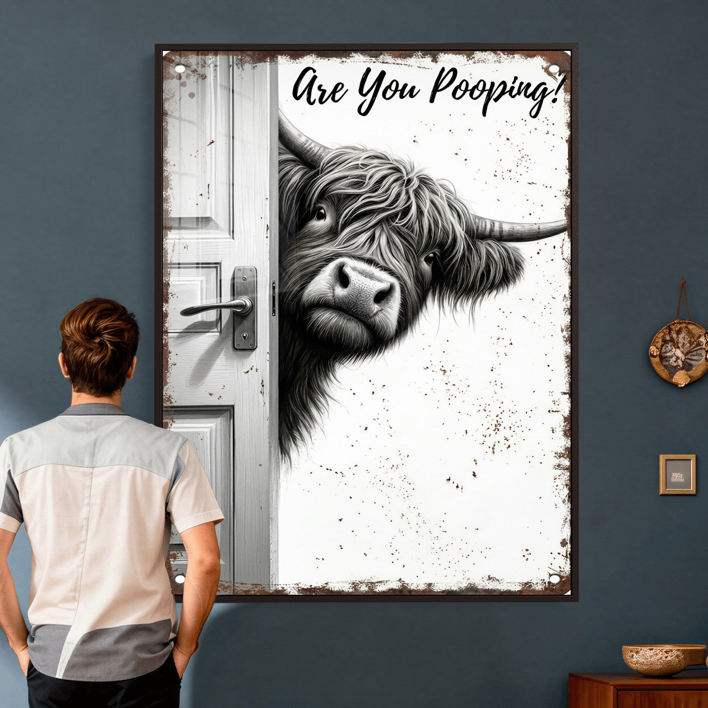 8151788G6-MGV-CV-24X36 - Funny Highland Cow Bathroom Wall Art Canvas Print, Are You Pooping Cow Sign, Rustic Farmhouse Bathroom Decor