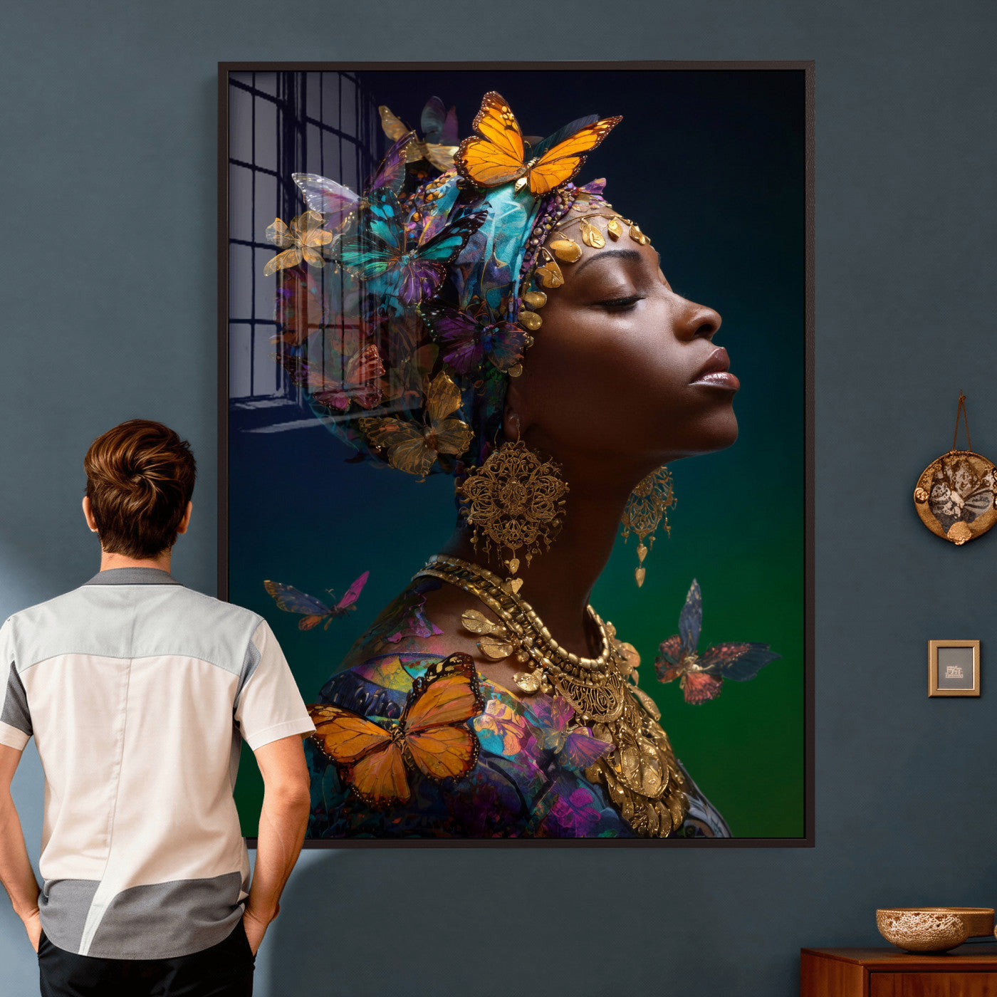620930SZC0-MGV-CV-24X36 - Butterfly Crown Gold Woman Portrait — Monarch Queen Canvas Print | Teal Dark Fantasy Art | Boho Bedroom Wall Decor | Empowerment Gift Her