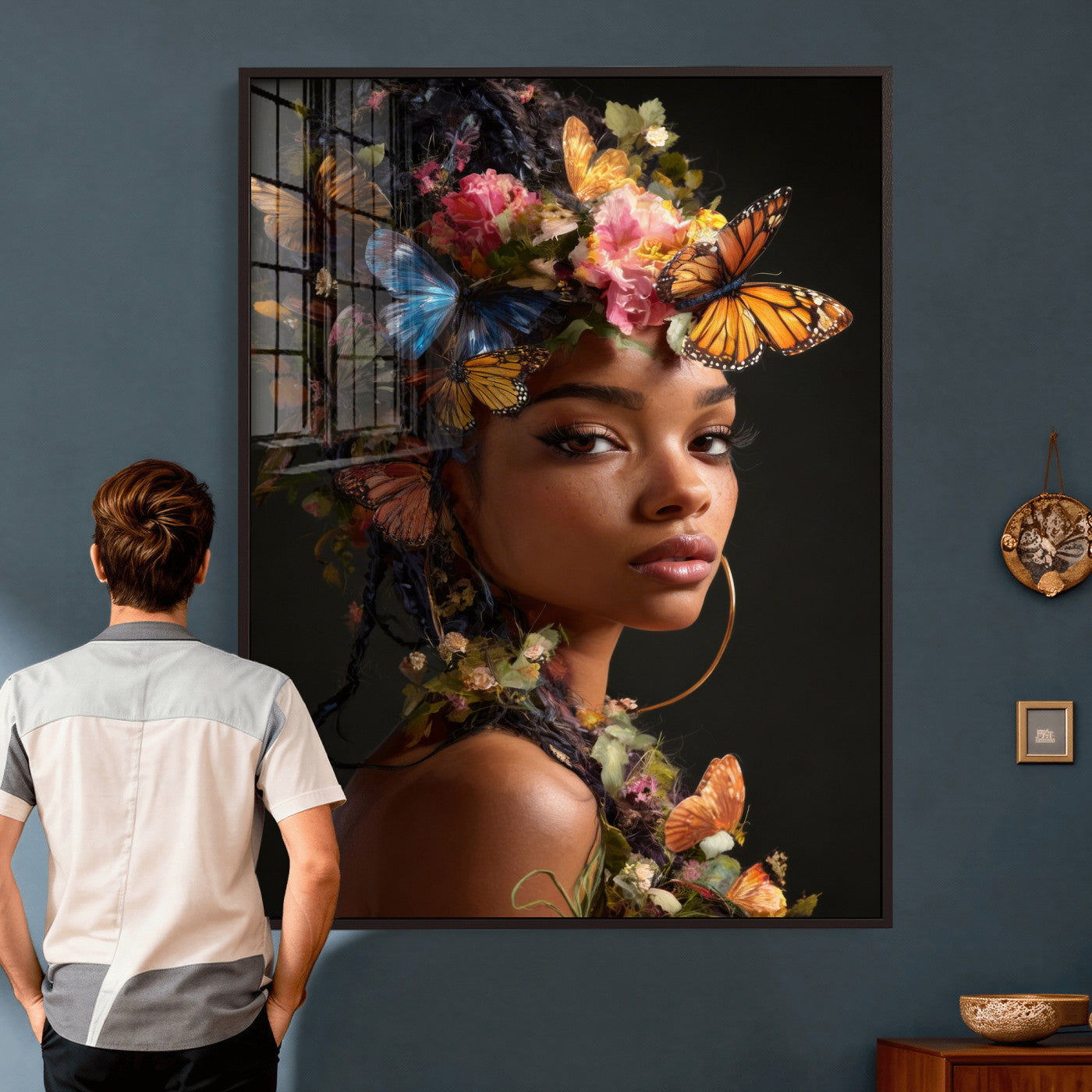 620930SZC10-MGV-CV-24X36 - Butterfly Crown Gold Woman Portrait — Monarch Queen Canvas Print | Teal Dark Fantasy Art | Boho Bedroom Wall Decor | Empowerment Gift Her