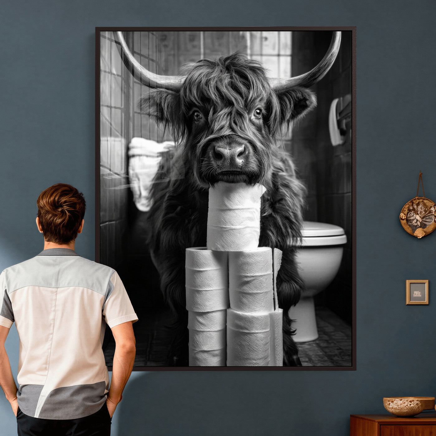 95909209-MGV-CV-24X36 - Highland Cow Toilet Paper Canvas Wall Art, Funny Bathroom Black White Print, Cute Animal Humor Decor, Quirky Farmhouse Bathroom Art, Cow Lover Gift