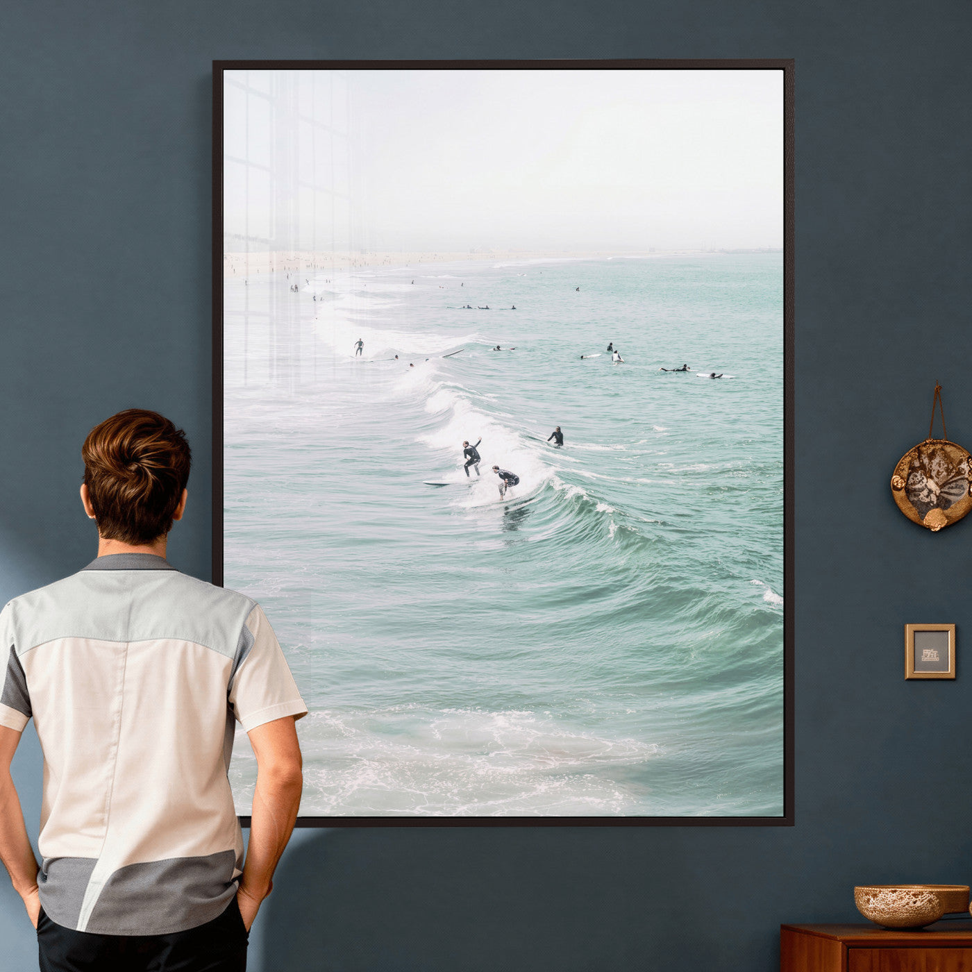 58043762-MGV-CV-24X36 - Surfers on Waves Canvas Wall Art, Aerial Ocean Photography Print, Mint Green Surf Decor, California Beach House Art, Coastal Sports Wall Decor