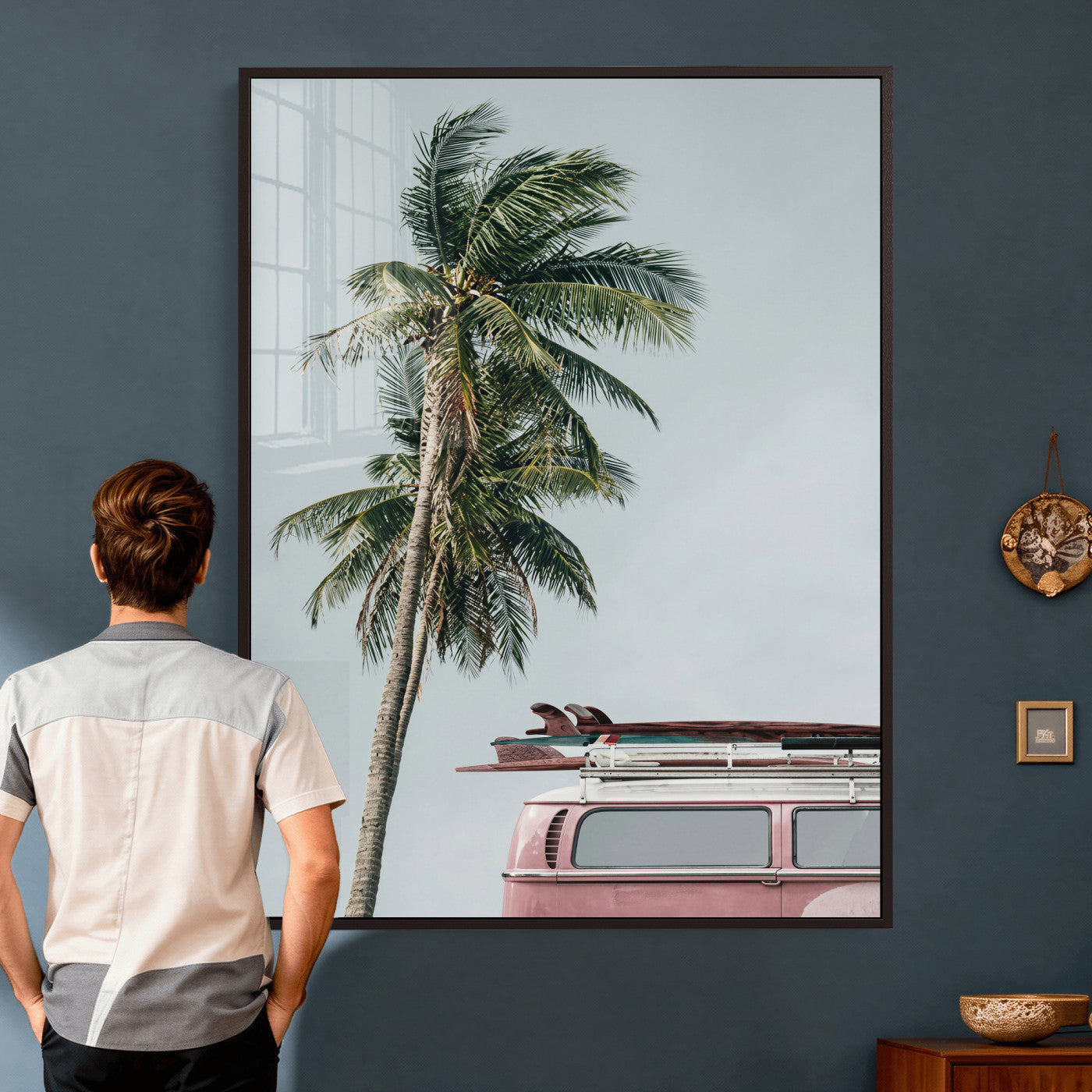 73117797-MGV-CV-24X36 - VW Van Palm Tree Canvas Wall Art, Pink Camper Surfboards Beach Print, Retro Surf Photography Decor, Coastal Boho Wall Art, Surfer Gift Idea