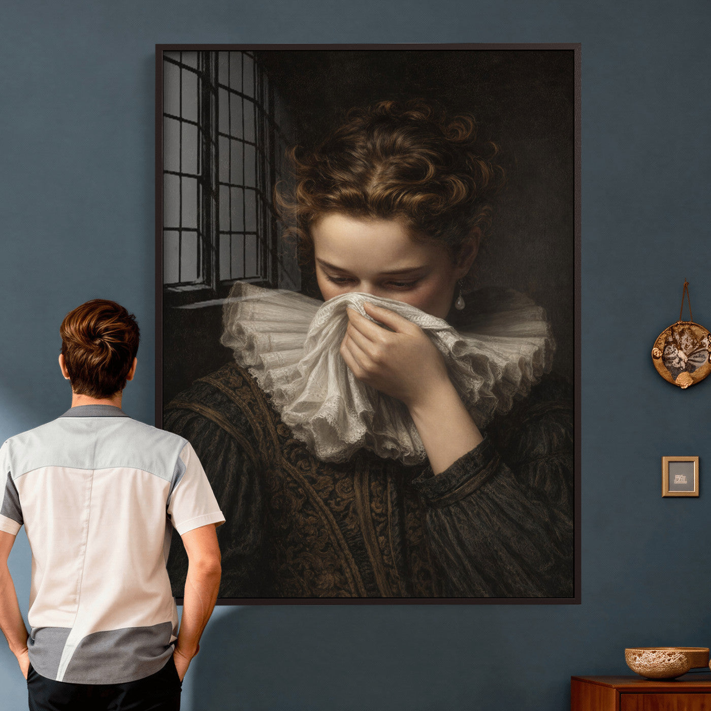 62652430-MGV-CV-24X36 - Baroque Portrait Canvas Wall Art, Flemish Woman with Lace Collar Print for Bathroom Wall Art, Funny Toilet Decor, Renaissance Style Portrait, Moody Vintage Wall Art