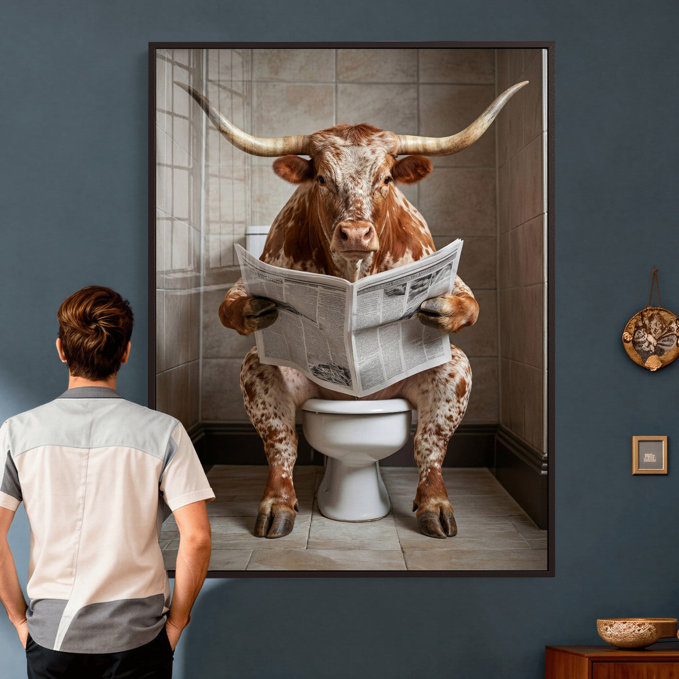 17728527-MGV-CV-24X36 - Funny Bathroom Canvas Wall Art, Texas Longhorn on Toilet Reading Newspaper, Humor Animal Print, Farmhouse Bathroom Decor, Quirky Cow Gift, Toilet Room Art