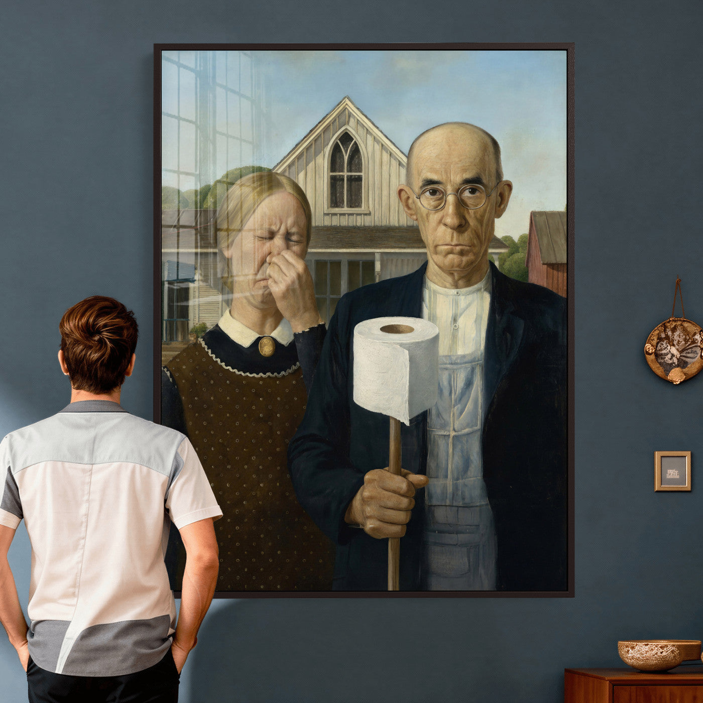 46805085-MGV-CV-24X36 - Funny Bathroom Canvas Wall Art, Grant Wood American Gothic Toilet Paper Parody Print, Humor Bathroom Decor, Classic Art Spoof, Quirky Housewarming Gift