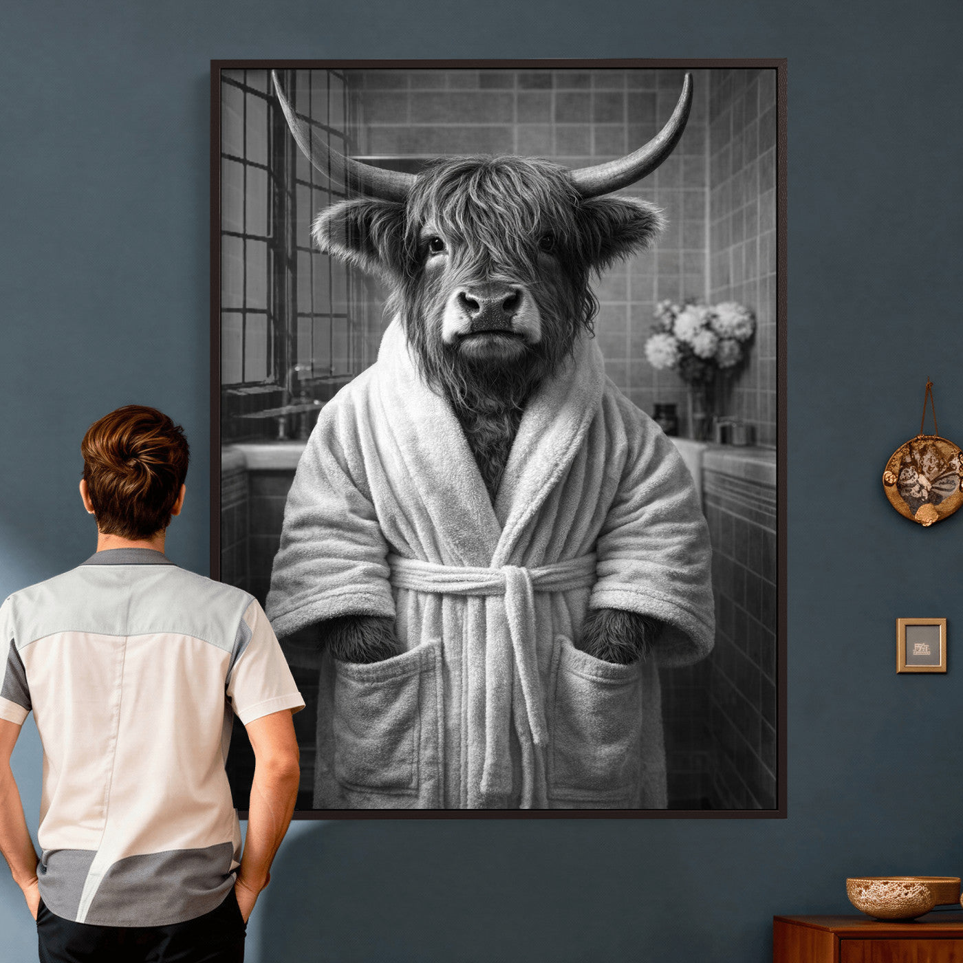 98453723-MGV-CV-24X36 - Funny Bathroom Wall Art Canvas Print, Highland Cow in Bathrobe, Black and White Humor Decor, Animal Bathroom Print, Farmhouse Bathroom Art