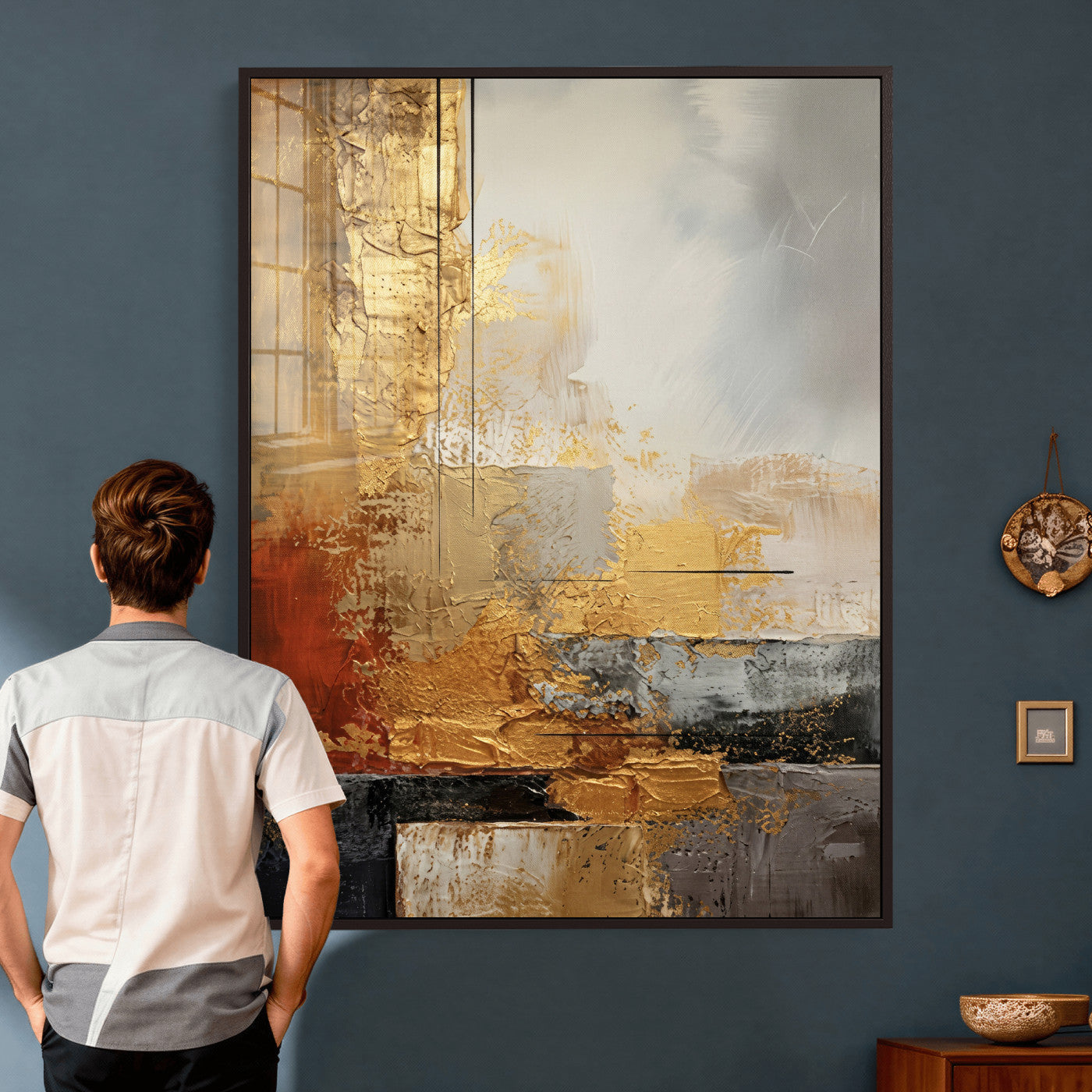 98453723G-MGV-CV-24X36 - Gold Abstract Canvas Wall Art, Luxury Textured Style Gold Leaf Painting Print, Modern Glam Decor, Gold Grey Rust Abstract Art, Living Room Statement Art