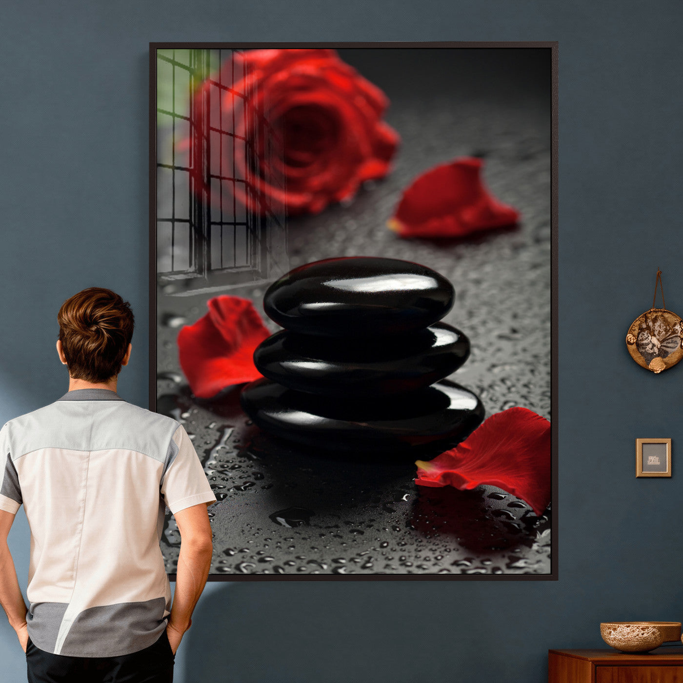 37334763-MGV-CV-24X36 - Black Lava Stone Rose Canvas | Red Rose Spa Photography Print | Stacked Stones Dark Luxury Wall Art | Dramatic Bathroom Decor
