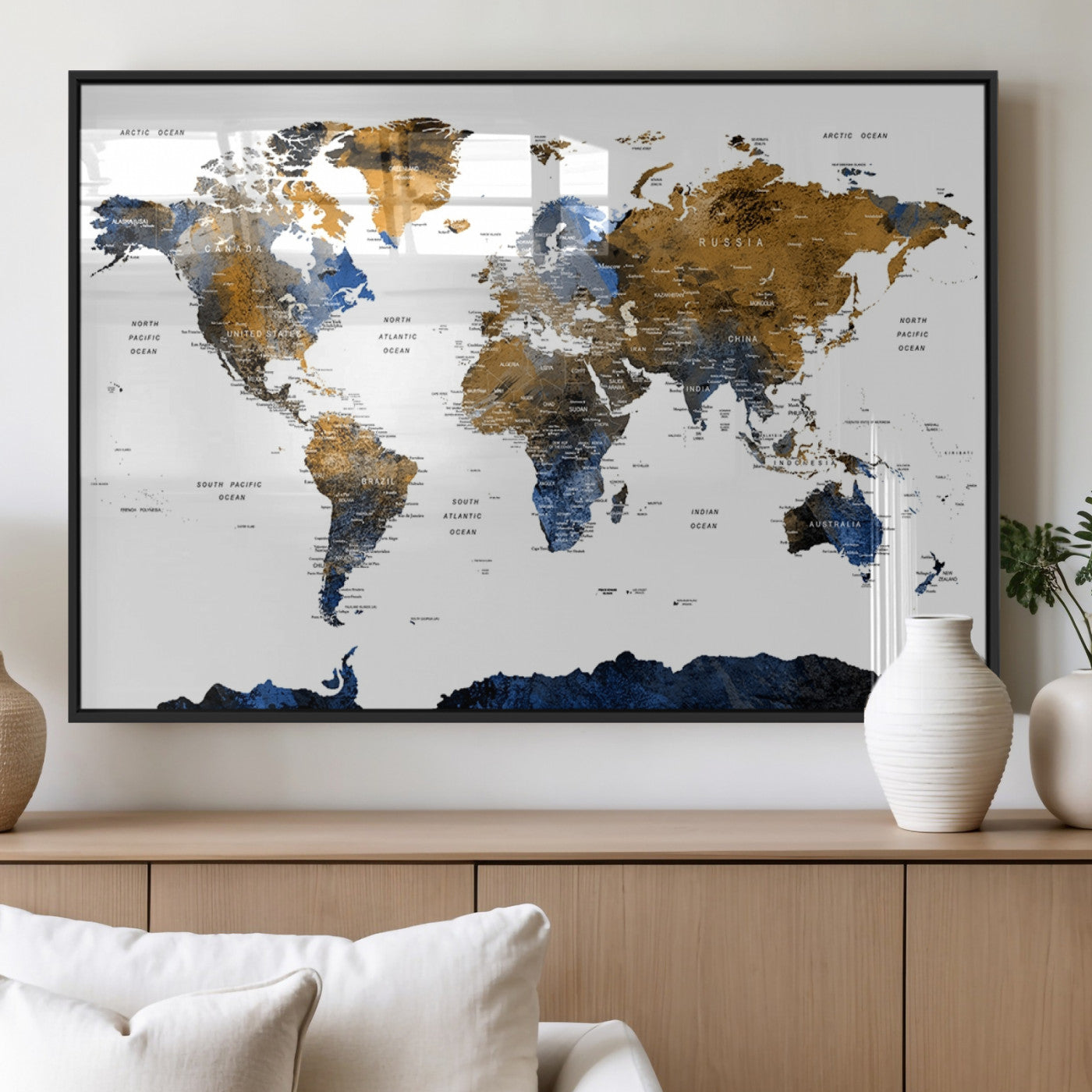 56231-MGV-FP-36X24-3P_Black-Navy and Gold World Map Canvas Wall Art – Framed Modern World Map Print, Elegant Travel Inspired Artwork for Home and Office Decor