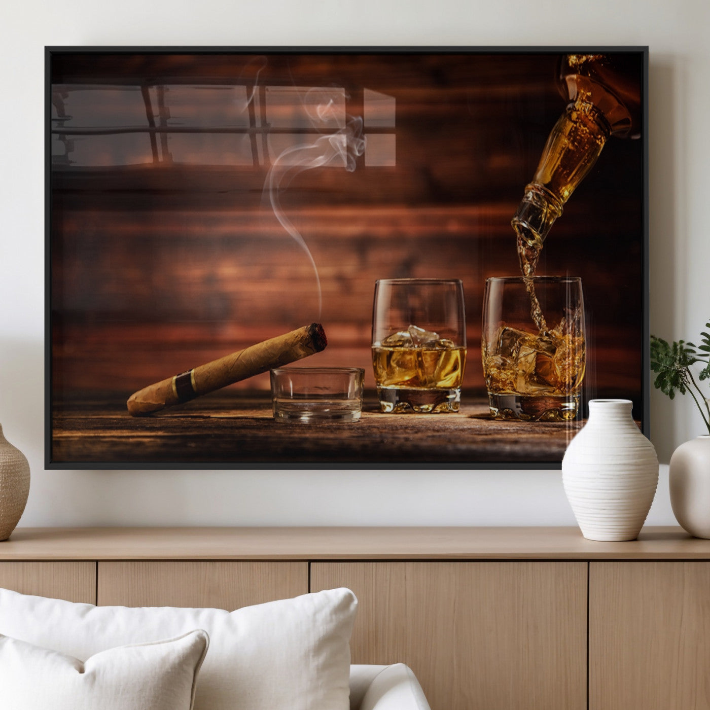 91042-MGV-FP-36X24-3P_Black-Whiskey and Cigar Wall Art Canvas | 3 Panel Bar Room Decor for Home Lounge, Office, or Man Cave |