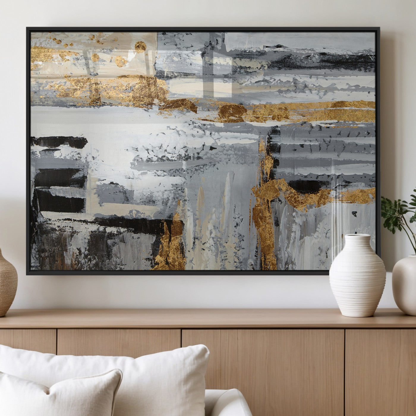 43177-MGV-FP-60X30-3P_Black-Abstract Painting Canvas Wall Art Print Paint Drip Art Brush Strokes Gray Artwork