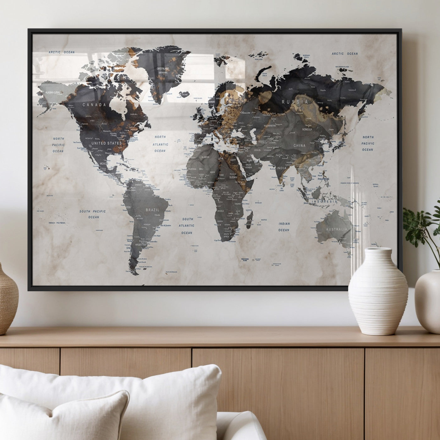 48937-MGV-FP-36X24-3P_Black-Push Pin World Map Canvas Print – Framed Travel Tracker Wall Art for Couples, Romantic Anniversary Gift and Home Decor