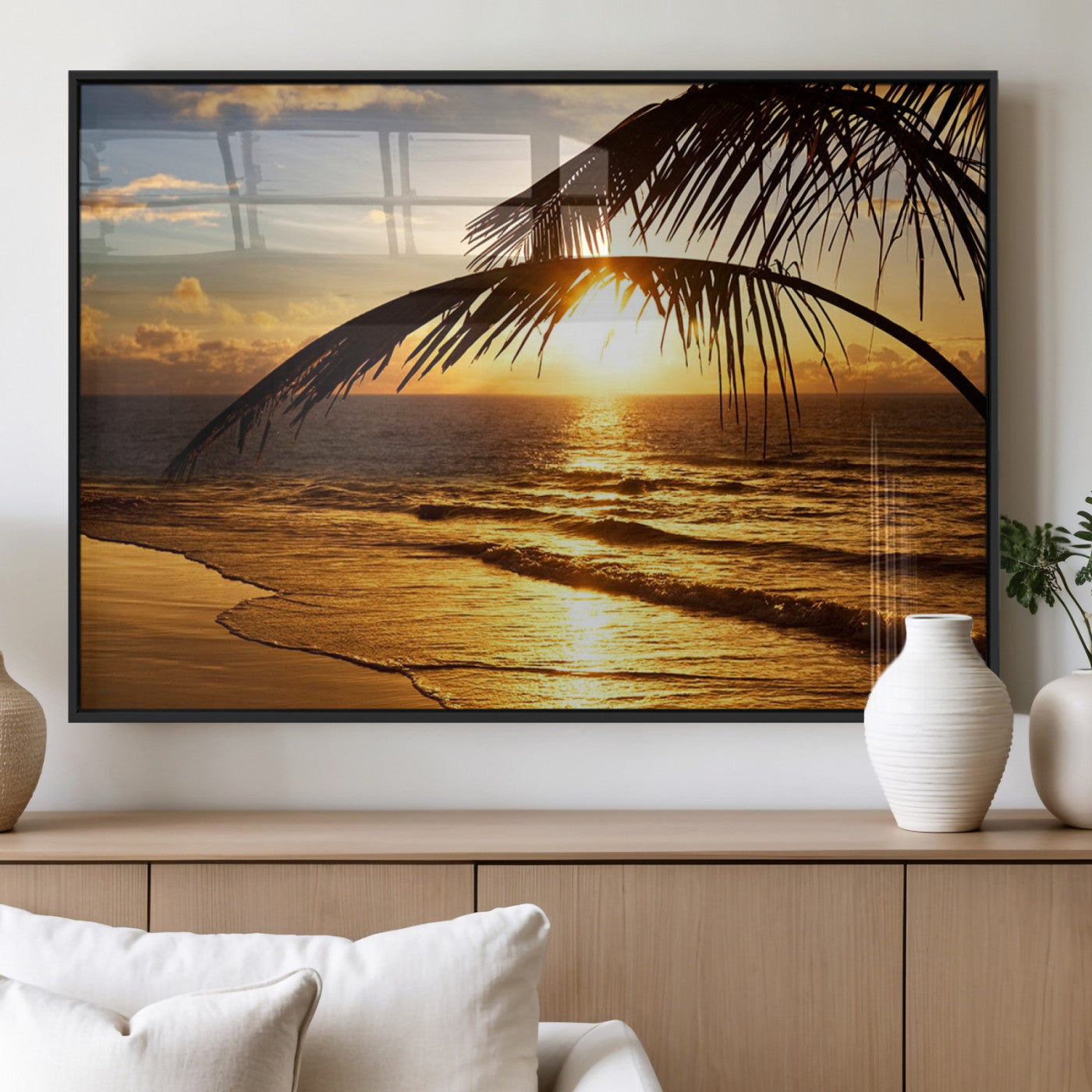 41507-MGV-FP-36X24-3P_Black-Golden Tropical Beach Sunset Canvas Triptych, Coastal Palm Tree Wall Art, Ocean Shoreline Giclee