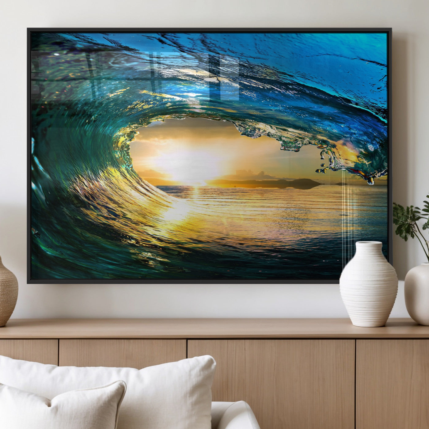 19378-MGV-FP-36X24-3P_Black-Ocean Wave at Sunset Canvas Art, Large Wall Print of Vibrant Water Waves, Coastal Art for Living