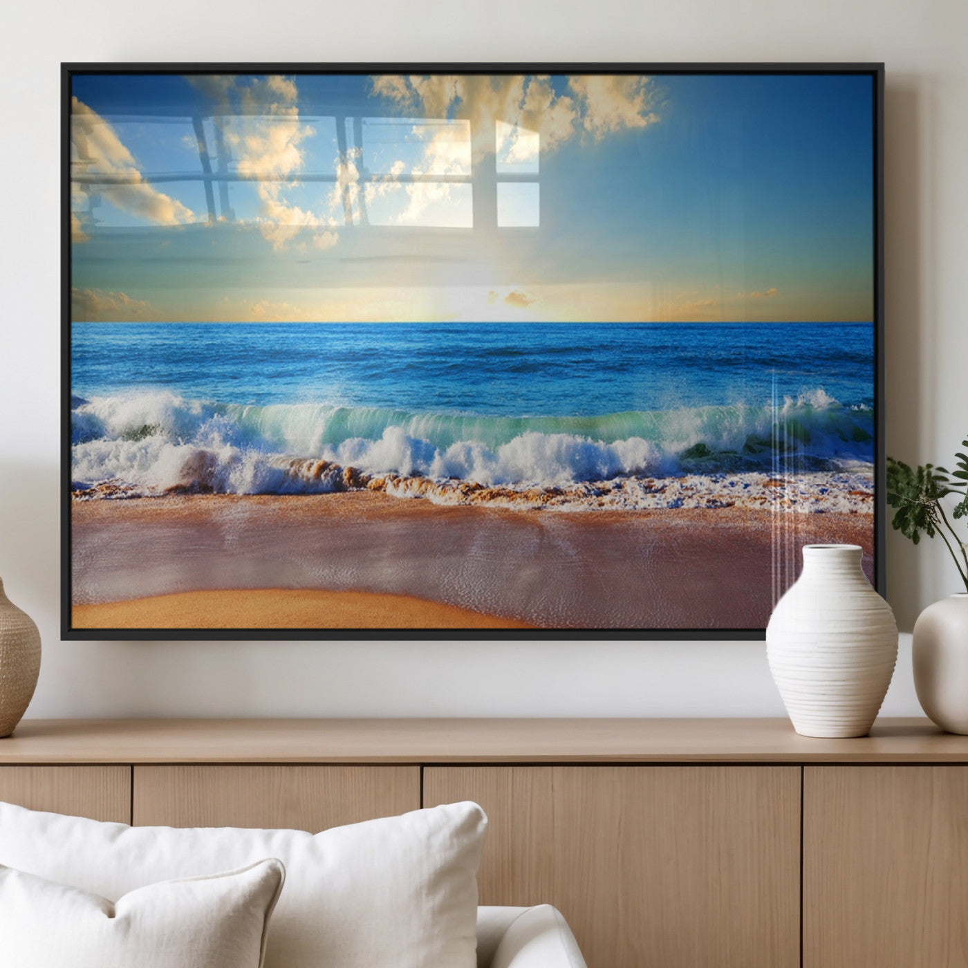 50522-MGV-FP-36X24-3P_Black-Tropical Beach Sunset Canvas Art, Ocean Waves and Sandy Shoreline Wall Art, Large Beach Decor for