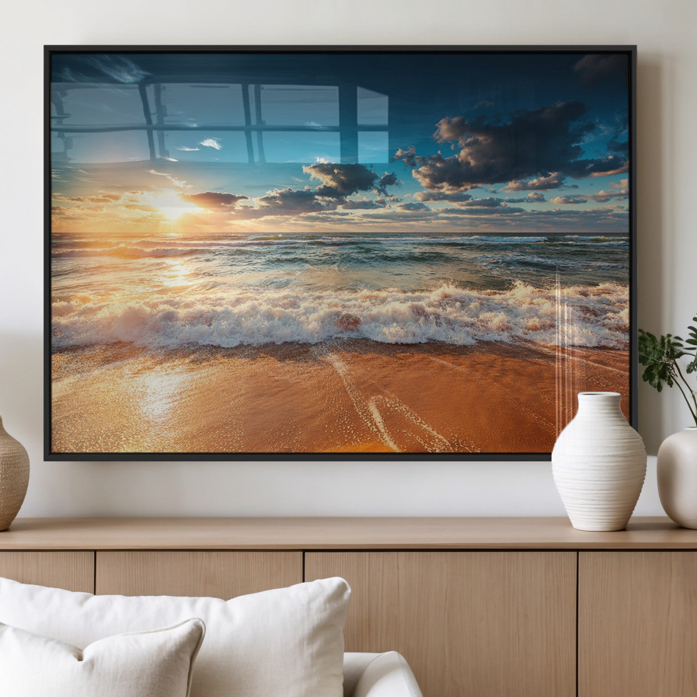 35648-MGV-FP-36X24-3P_Black-Golden Sunset Beach Triptych Canvas Art, Giclee Coastal Wall Decor, Ocean Waves Print, Modern Beach