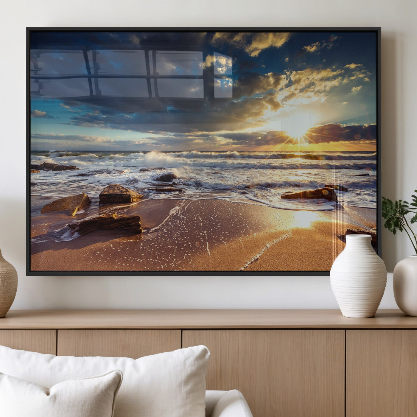 44481-MGV-FP-36X24-3P_Black-Golden Hour Beach Sunset Canvas Triptych, Ocean Waves and Rocks Wall Art for Coastal Home Decor