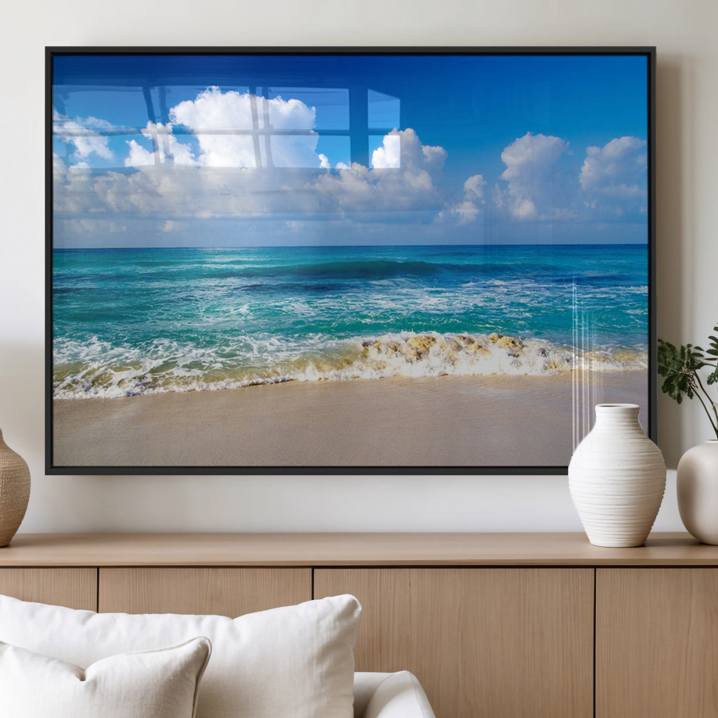 60364-MGV-FP-36X24-3P_Black-Tropical Beach 3-Panel Canvas Wall Art – Serene Ocean Waves and Blue Sky Wall Art Print