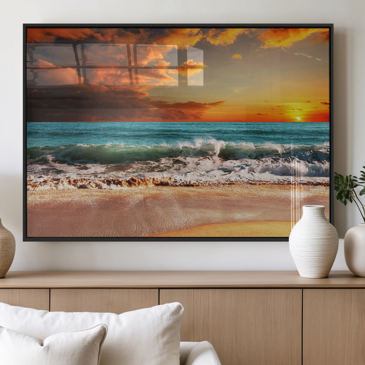 72948-MGV-FP-36X24-3P_Black-Golden Sunset Beach Canvas Wall Art – Triptych Seascape Print – Framed and Ready to Hang for Living