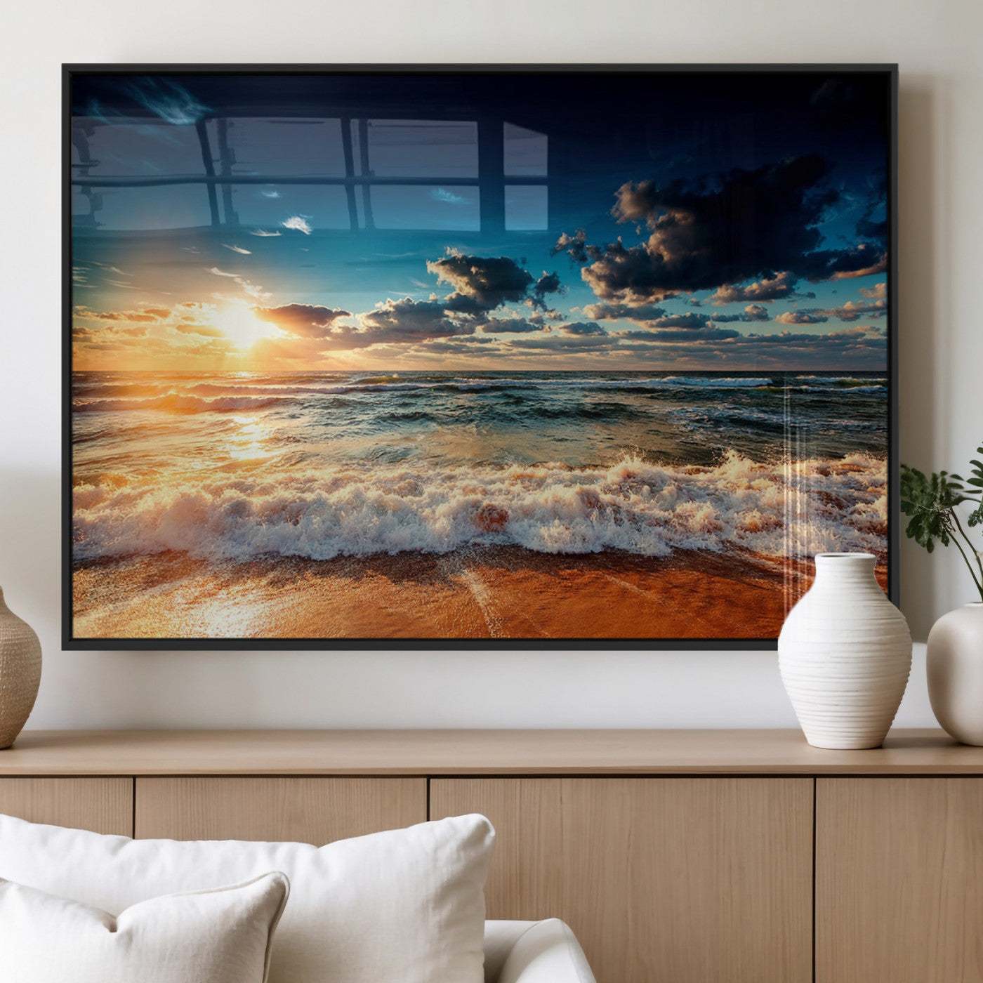 26996-MGV-FP-36X24-3P_Black-Golden Hour Sunset Over Ocean Waves Wall Art Canvas Print | 3 Panel Coastal Landscape Canvas Wall