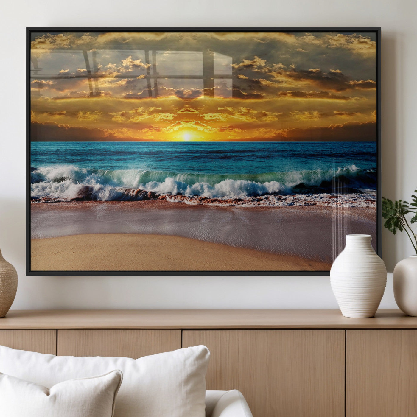 83389-MGV-FP-36X24-3P_Black-Ocean Sunrise Over Golden Beach Waves, Giclee Canvas Wall Art Set, High-Quality Stretched Canvas