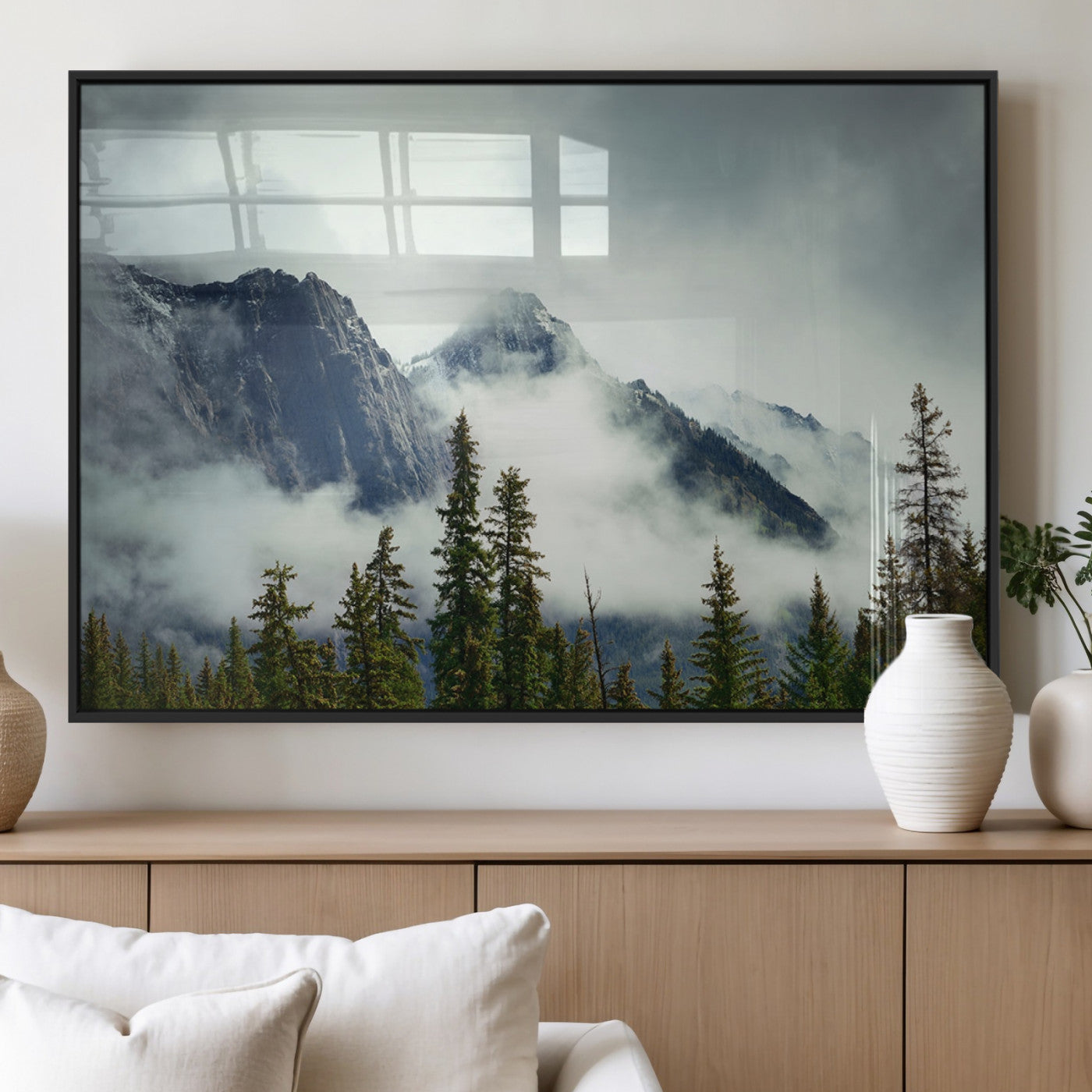 93219-MGV-FP-36X24-3P_Black-Mountain Mist Canvas Wall Art Print | 3-Panel Foggy Forest and Mountain Landscape | Large Giclee
