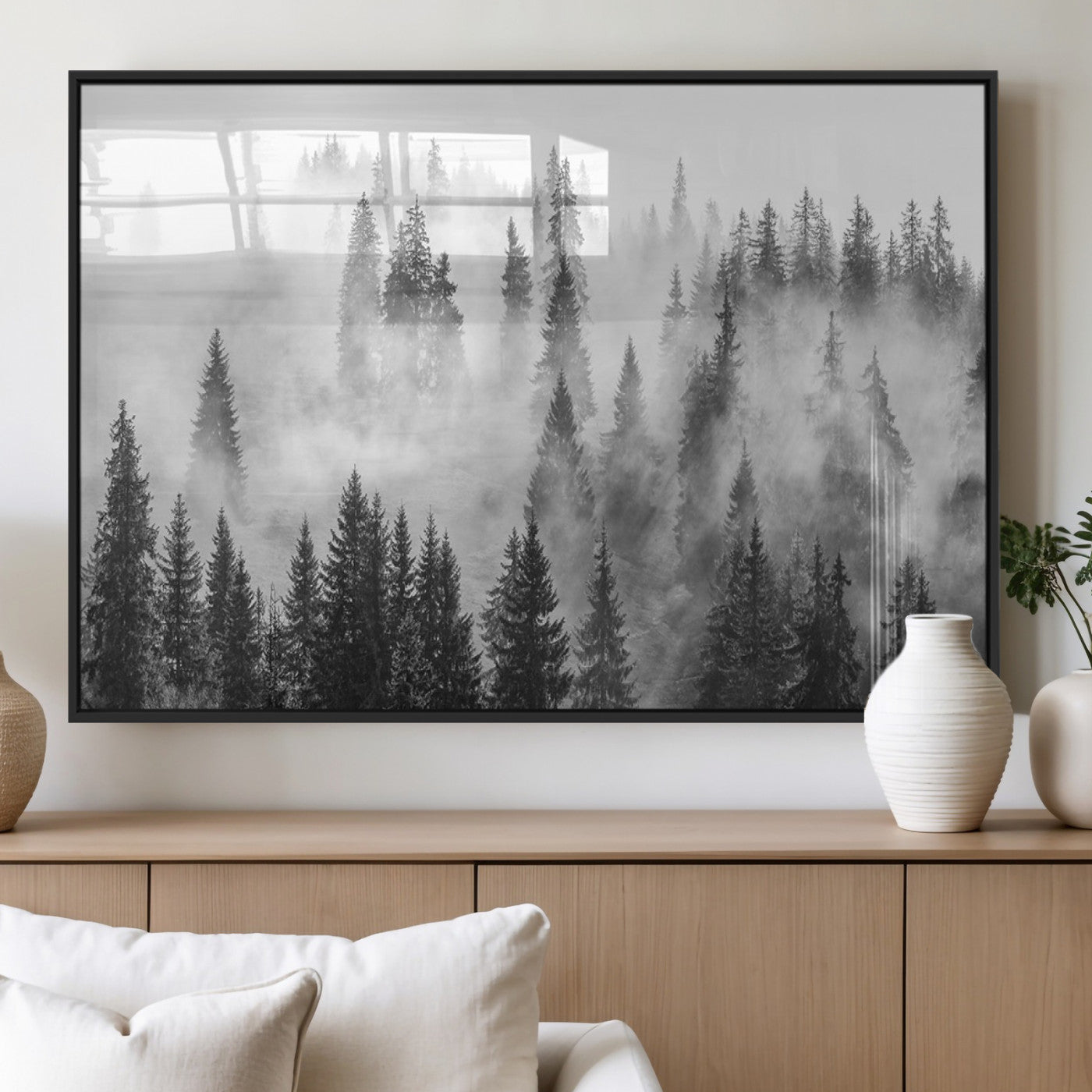 10422-MGV-CV-36X24 - Forest Wall Art Print | Foggy Pine Forest Canvas Wall Art - Black and White Nature Decor for Living