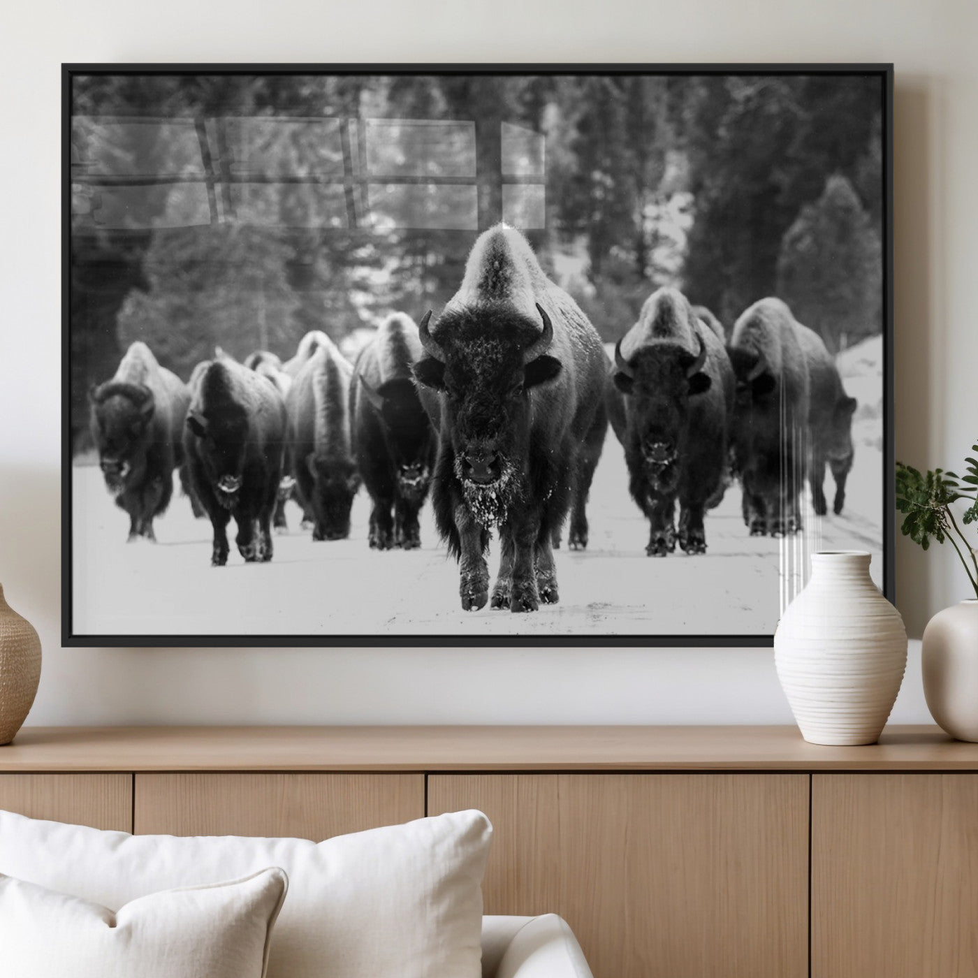 62434-MGV-CV-36X24 - Bison Herd in Snow Wall Art Canvas Print | Rustic Western Bison Wall Art for Decor for Living Room,