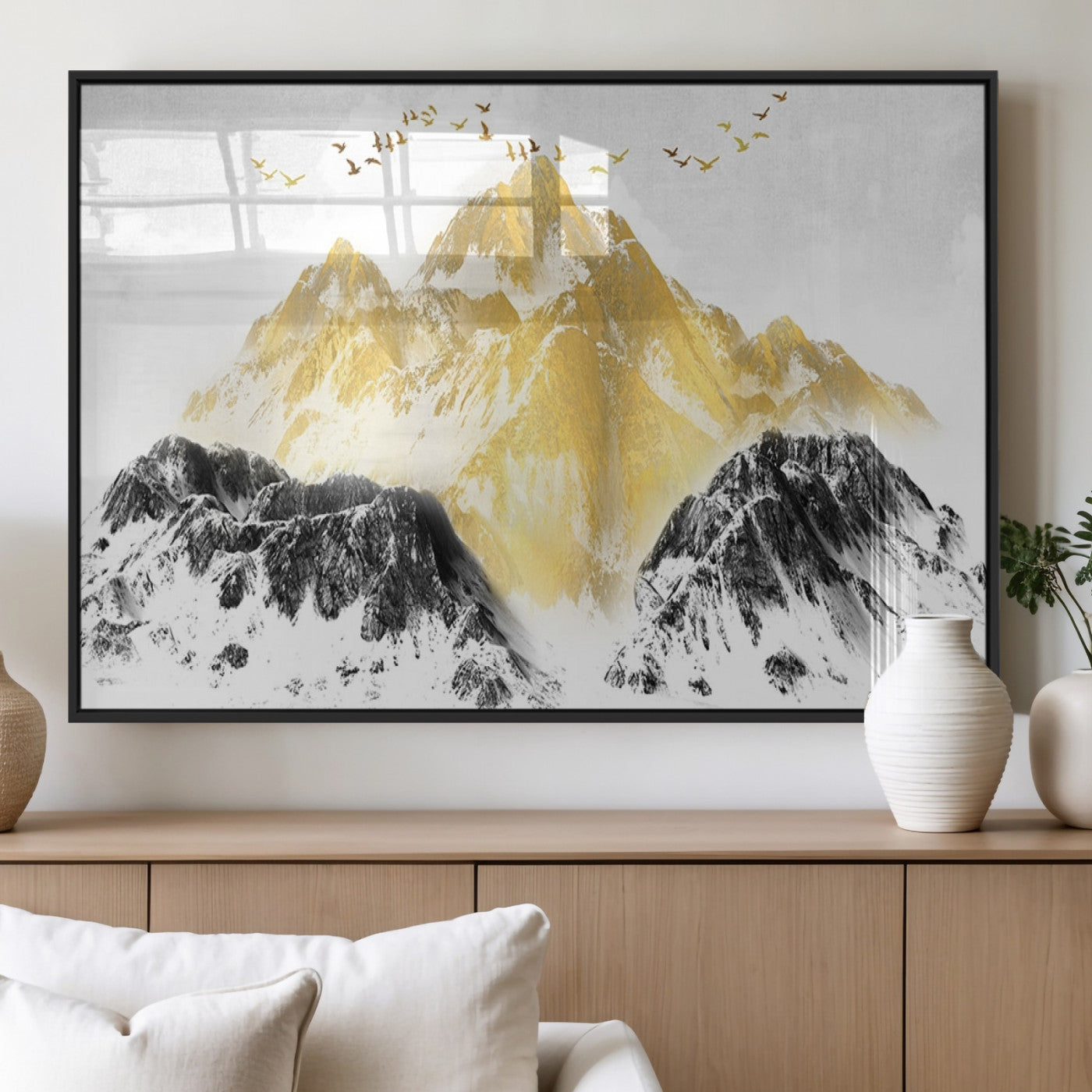 37733-MGV-FP-36X24-3P_Black-Golden Mountain Triptych Wall Art Canvas Print, Modern Giclee Canvas Print, Nature Landscape Decor