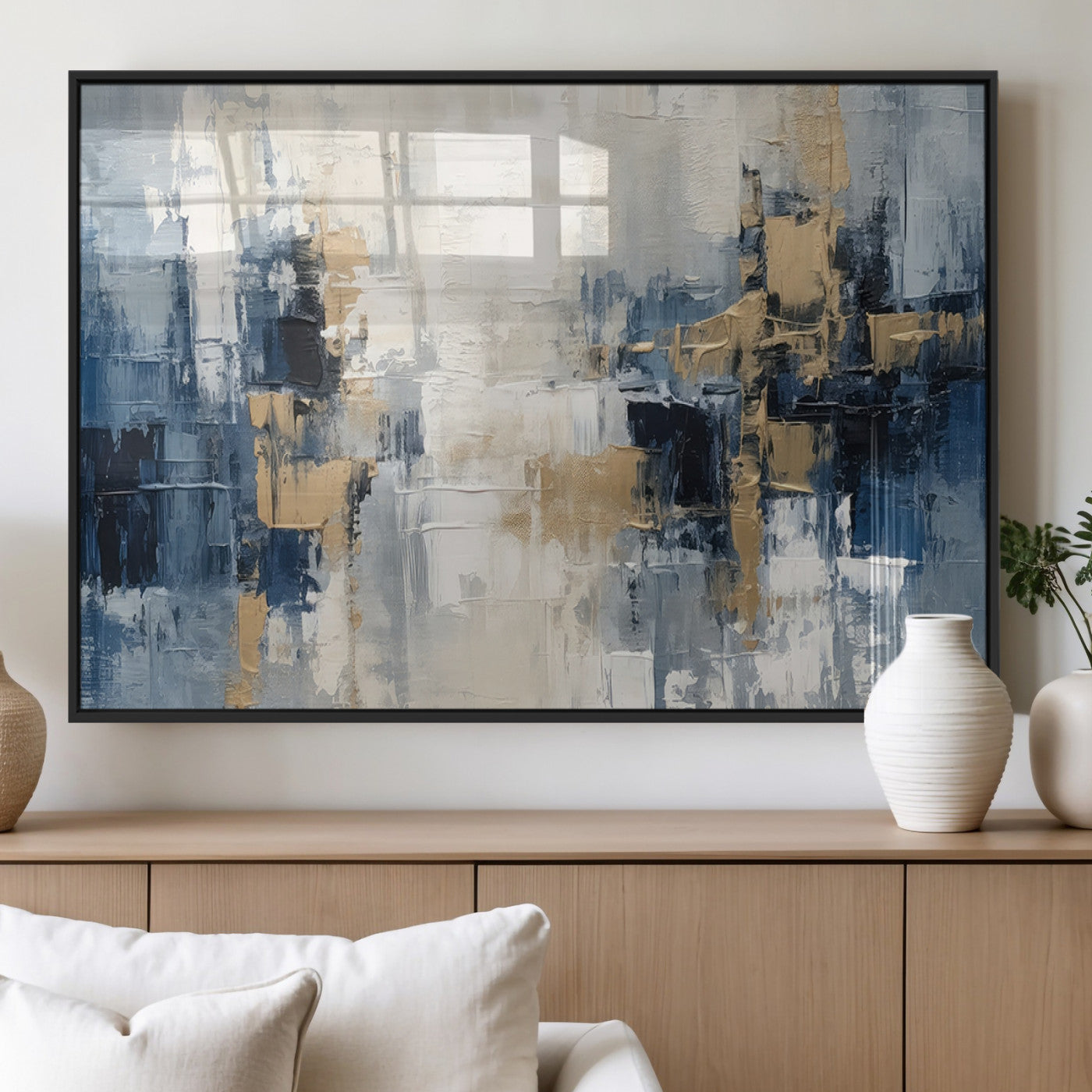 44344-MGV-FP-36X24-3P_Black-Modern Abstract Canvas Wall Art in Blue and Gold Tones | Large Contemporary Art for Living Room,