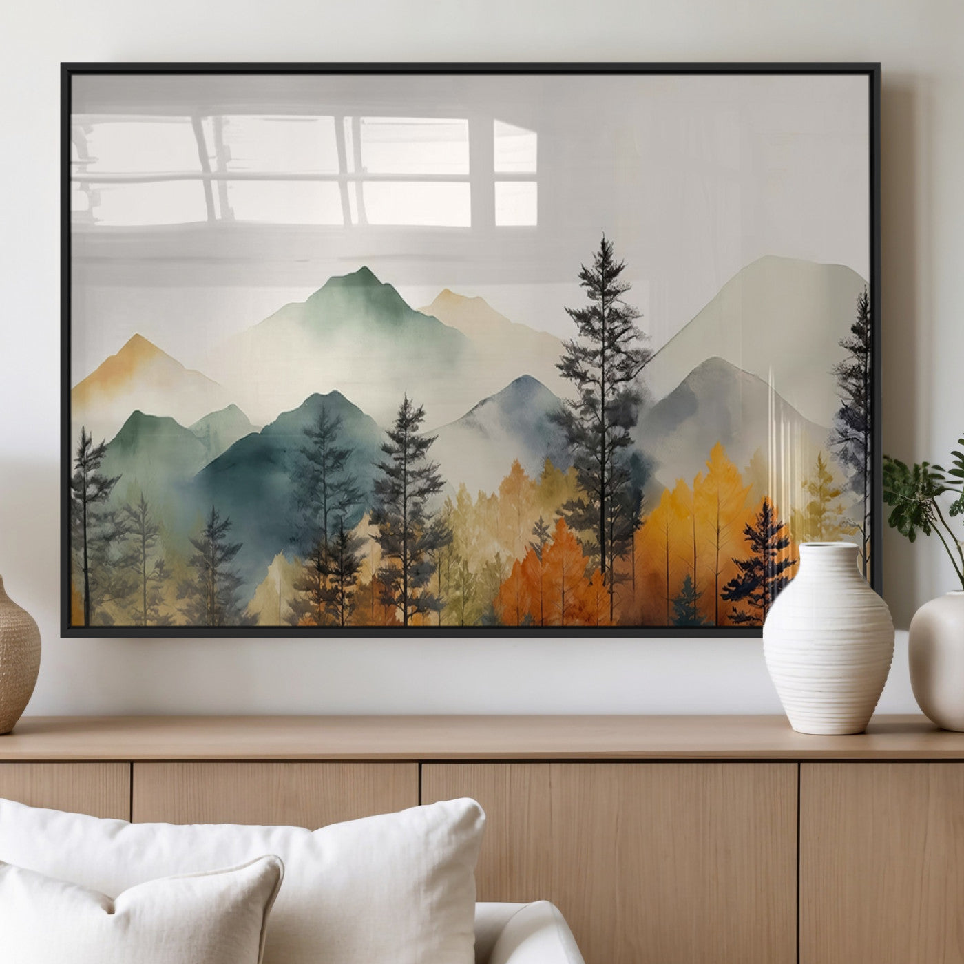 25689-MGV-FP-36X24-3P_Black-Abstract Watercolor Mountains and Trees Autumn Wall Art, Mountains and Trees Autumn Wall Art Canvas