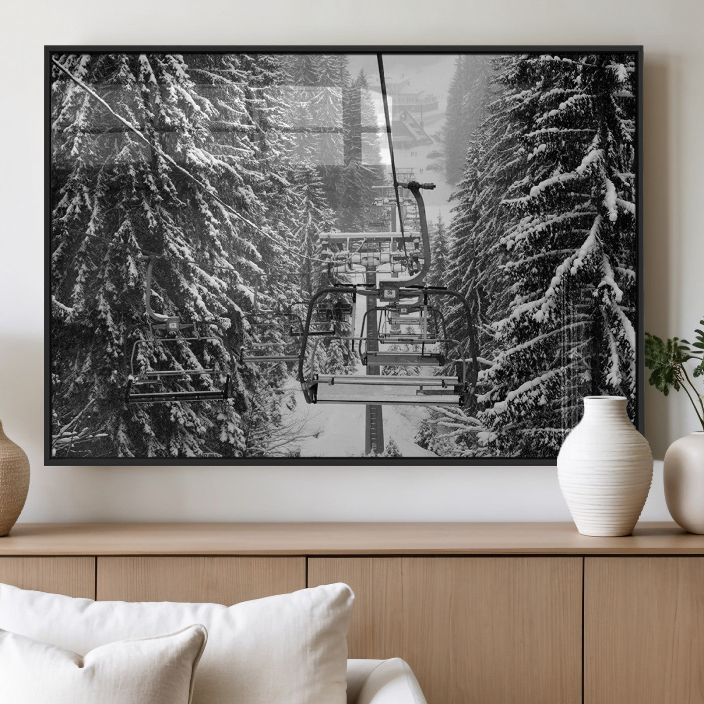 19240-MGV-FP-36X24-3P_Black-Winter Ski Lift Black and White Canvas Wall Art – Alpine Escape in Minimalist Style – Winter Ski