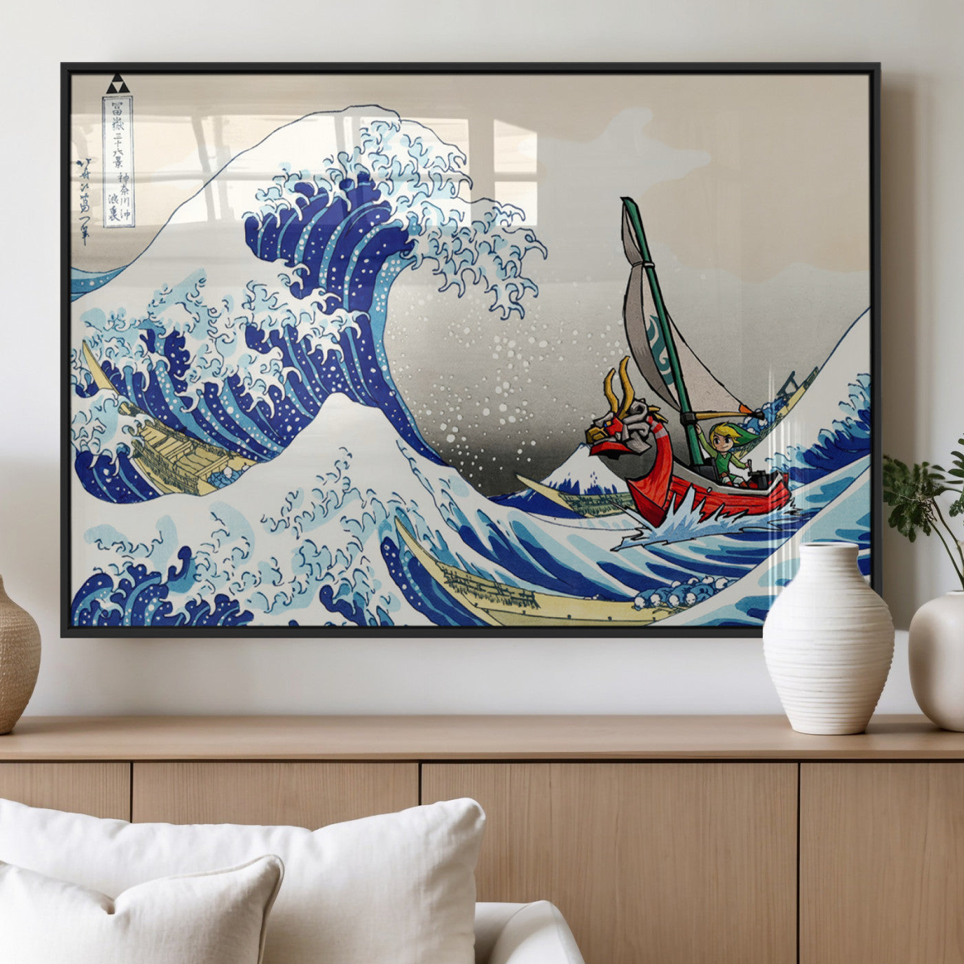 19450-MGV-FP-36X24-3P_Black-Katsushika Hokusai Kanagawa Giant Wave Wall Art Canvas Print | Iconic Japanese Art for Living Room