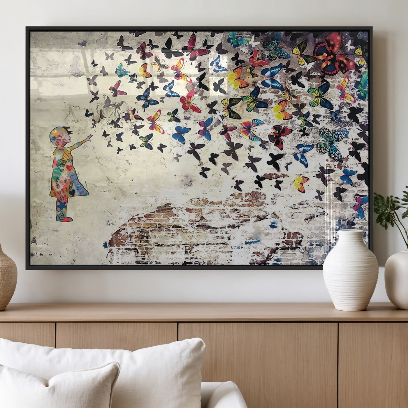 65208-MGV-FP-36X24-3P_Black-Banksy Wall Art - Banksy Girl Butterfly Graffiti Wall Art Canvas Print - Butterfly Girl and Freedom