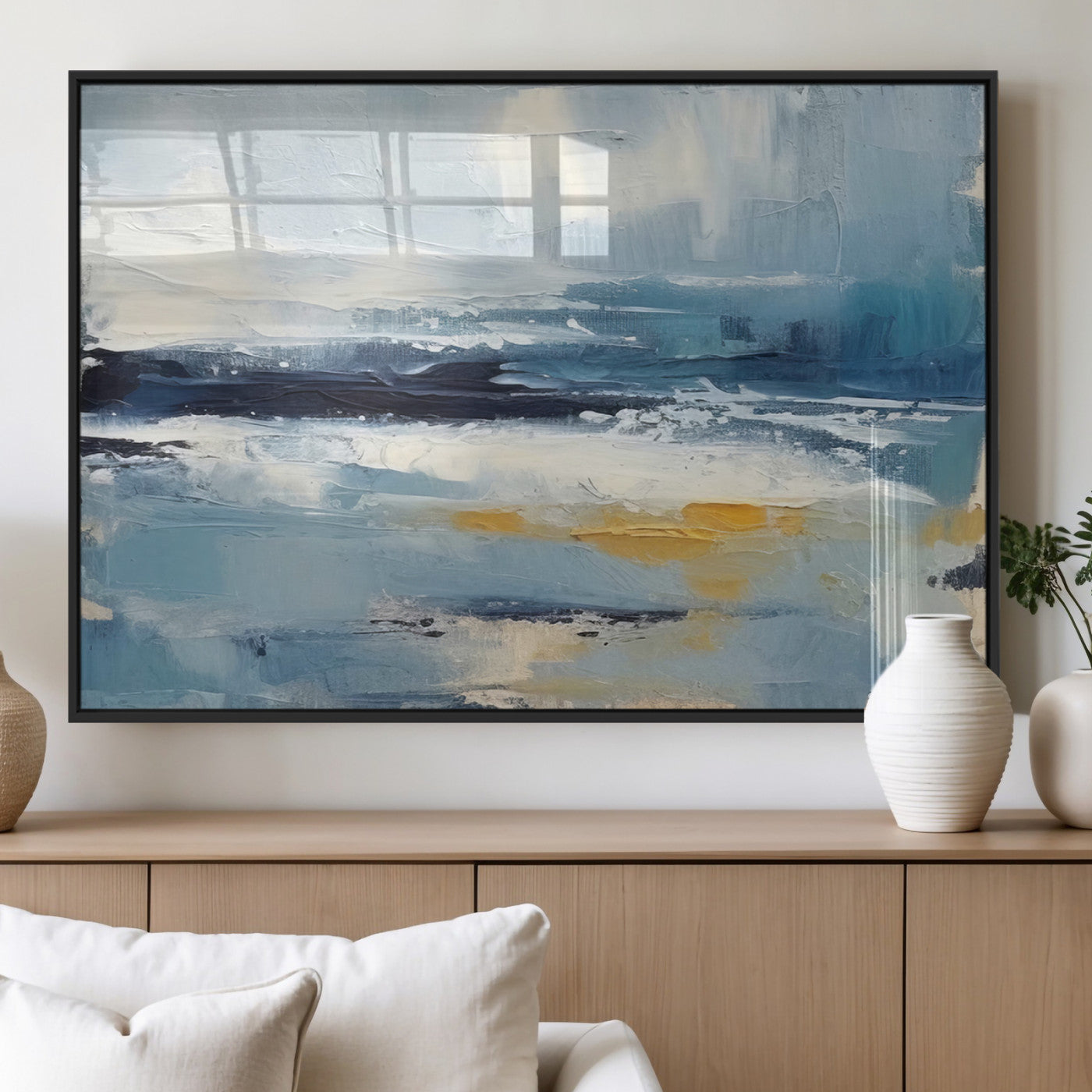 19746-MGV-FP-36X24-3P_Black-Abstract Ocean Canvas Wall Art - Coastal Blue and Gold Textured Painting, Modern Seascape Decor for