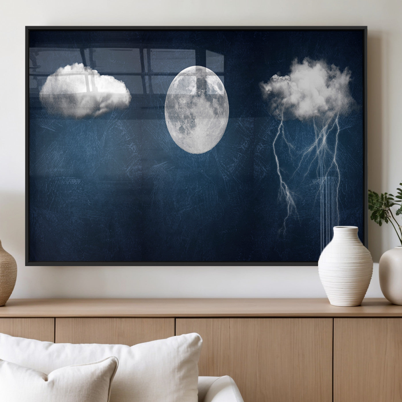 96569-MGV-FP-36X24-3P_Black-Dark Blue Cloud Art, 3 Piece Indigo Blue Wall Art, Aesthetic Surreal Art, Thunderstorm Moon Cloud
