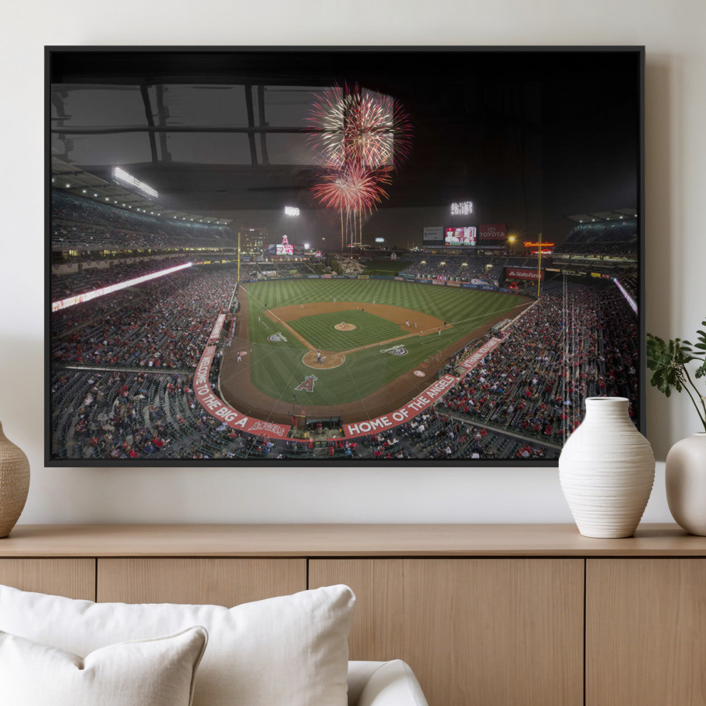 63592-MGV-FP-36X24-3P_Black-Fireworks at Angel Stadium – Los Angeles Angels Canvas Print, Framed Los Angeles Angels Wall Art