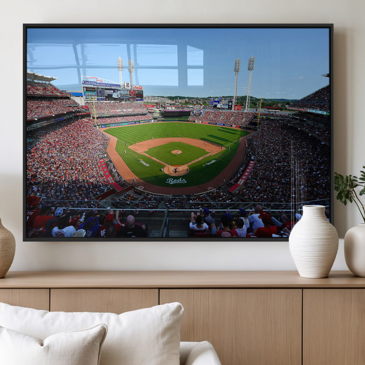 90998-MGV-FP-36X24-3P_Black-Cincinnati Reds Baseball Canvas Print - Great American Ball Park Stadium Wall Art Canvas Print