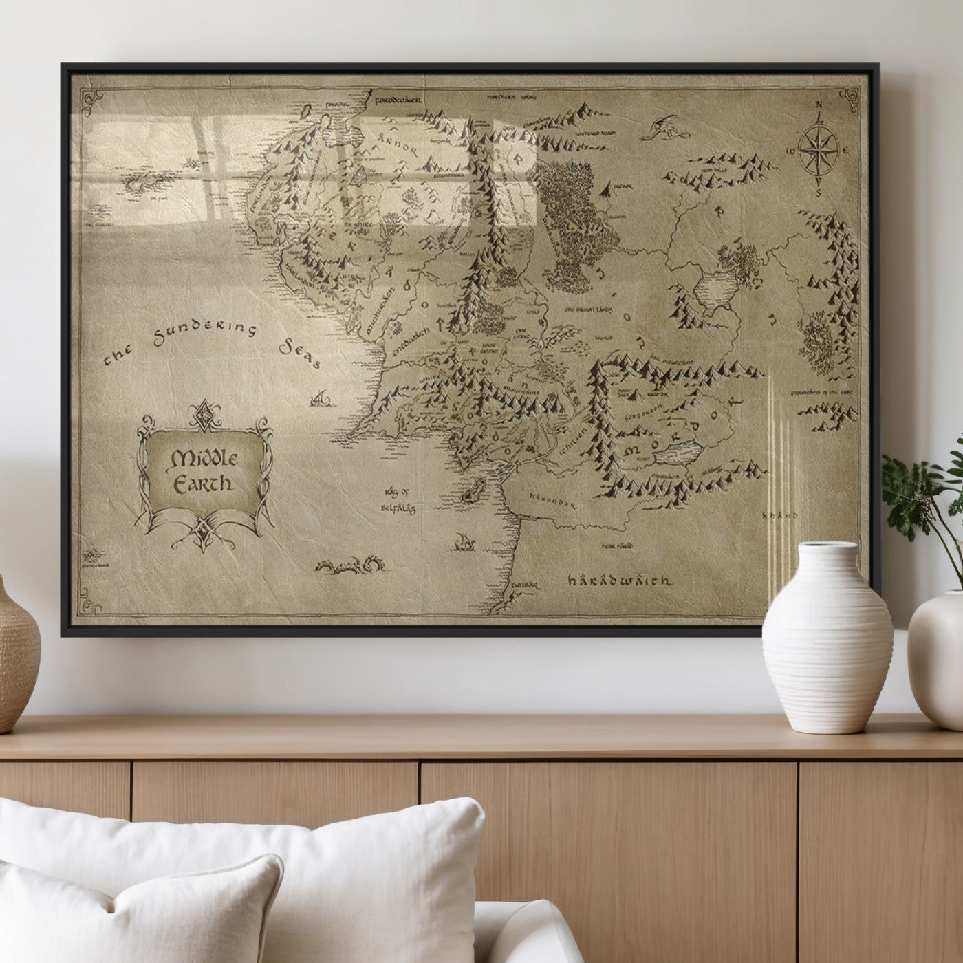 21784-MGV-FP-36X24-3P_Black-Vintage Middle Earth Map Wall Art Canvas – Lord of the Rings Inspired Framed Map Print, Classic Fantasy Decor for Home, Office