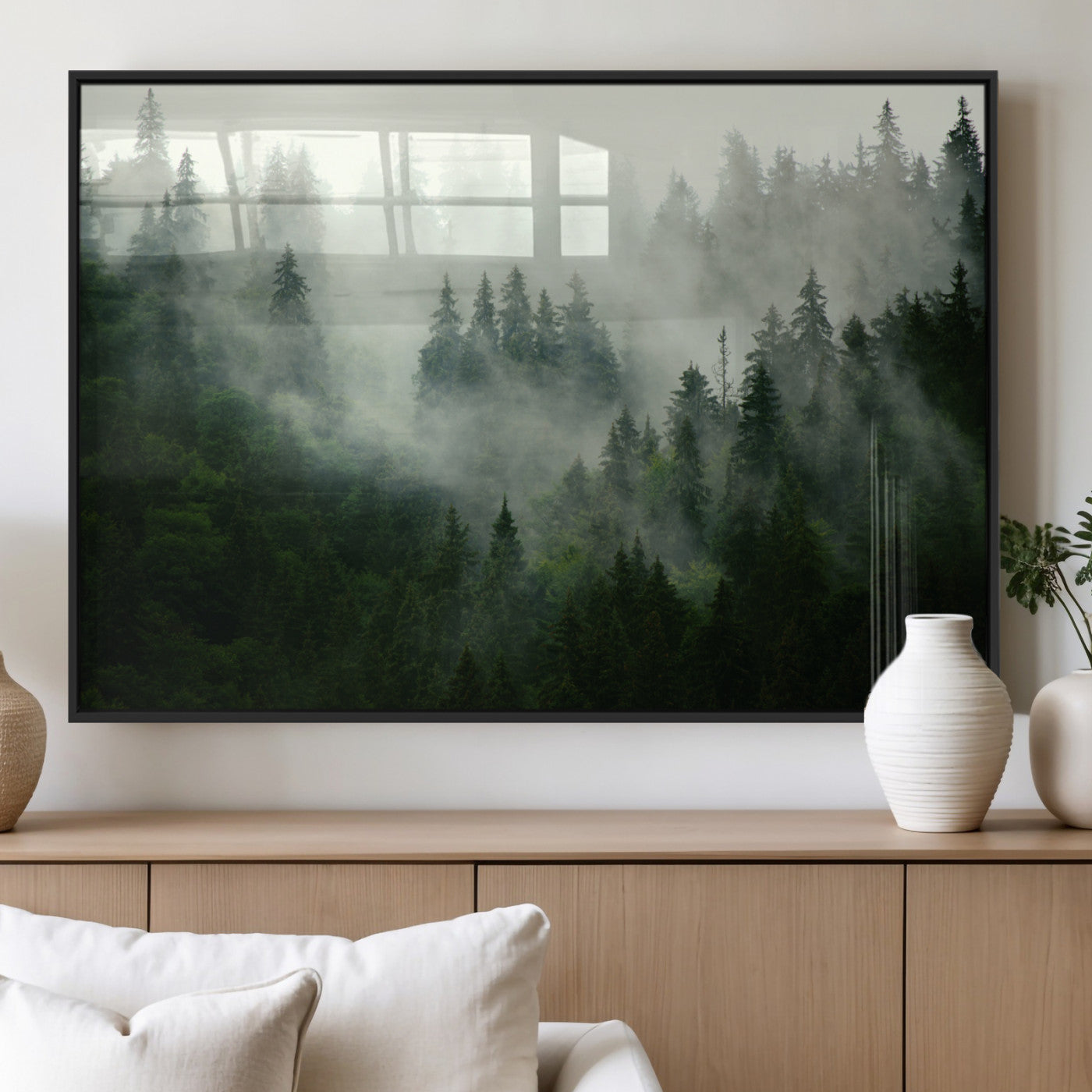 167720496-MGV-CV-36X24 - Misty Forest Mountain Wall Art Canvas | Large 3-Panel Foggy Landscape Canvas Print | Nature Misty