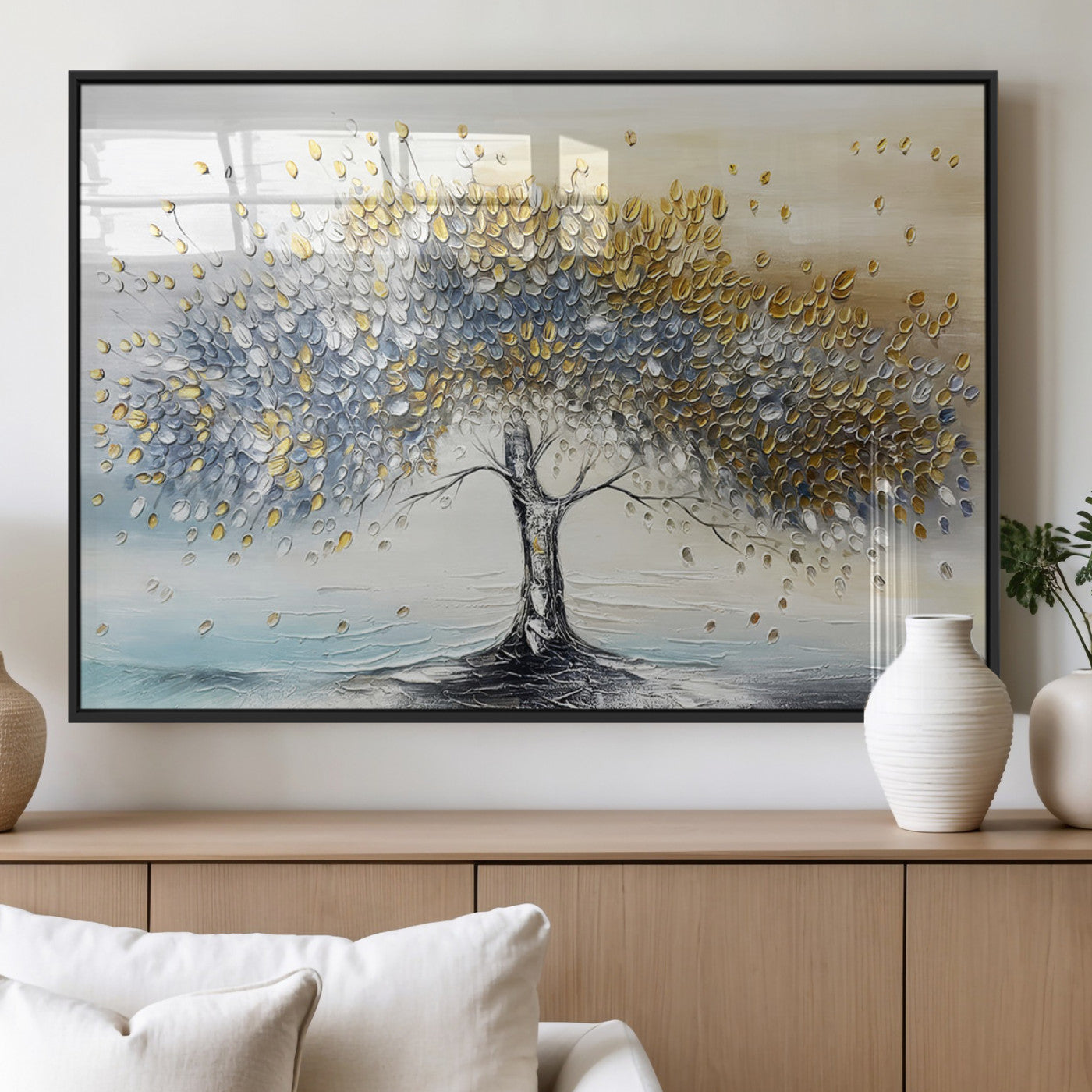 MGV-FP-36X24-3P - Golden & Silver Tree of Life Wall Art – Canvas Print with Whimsical Leaves Elegant Nature Design, Decorative Home, Office or Guest Room Decor