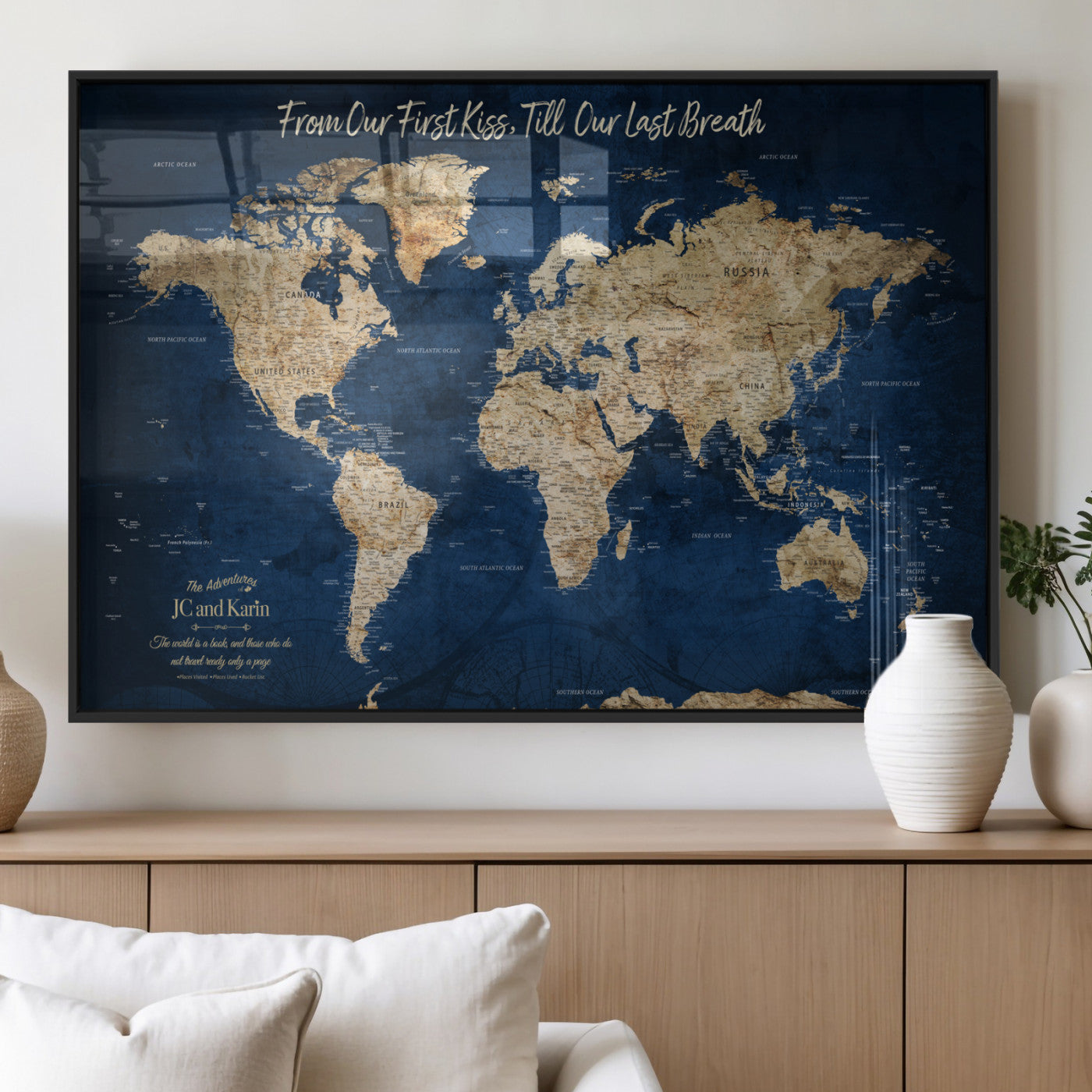 56122A-MGV-FP-36X24-3P_Black-Personalized Push Pin World Map Canvas Print – Custom Couple Travel Tracker Wall Art, Framed Anniversary Gift for Home Decor