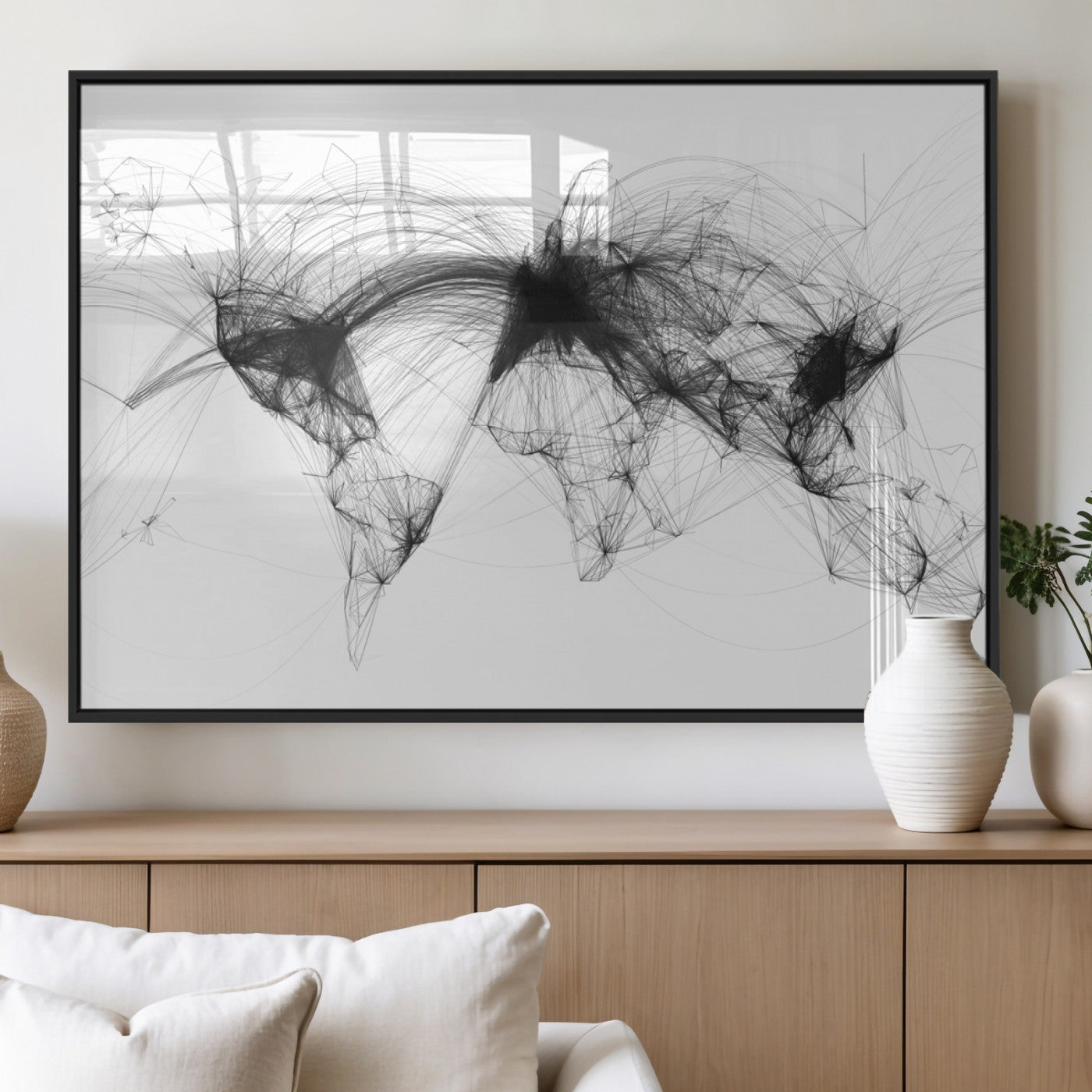Black-Flight-Routes-MGV-FP-36X24-3P_Black-Flight Routes Air Traffic Map Canvas Wall Art - Framed - Ready to Hang