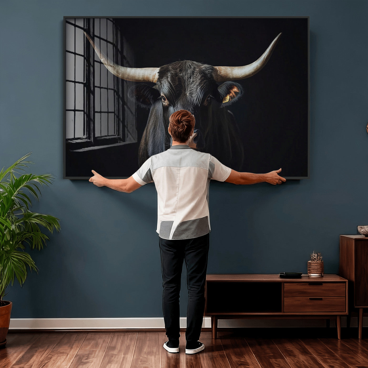 48065167-MGV-CV-36X24 - Texas Longhorn Bull Wall Art Canvas Print – Western Black Bull Art Print for Farmhouse Ranch Decor
