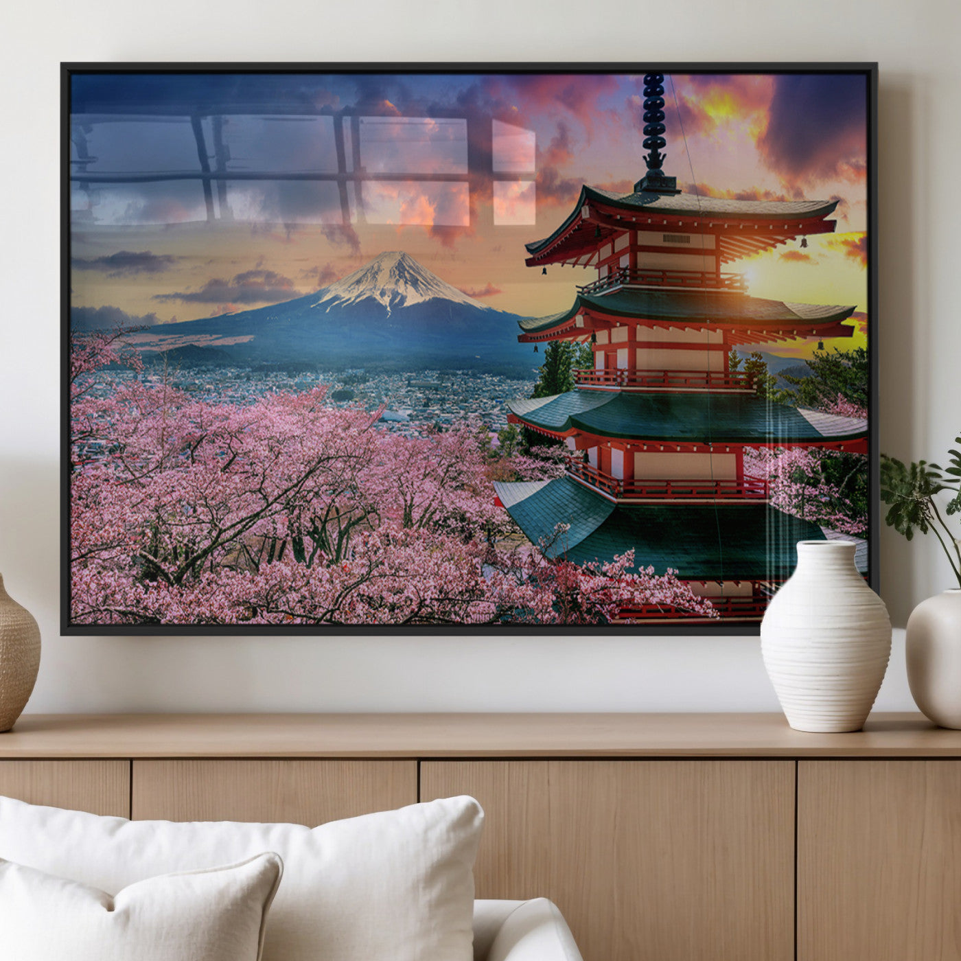 32331262-MGV-FP-36X24-3P_Black-Mount Fuji & Cherry Blossom Wall Art Canvas Print – Iconic Japanese Landscape, Sakura Pagoda Sunset,