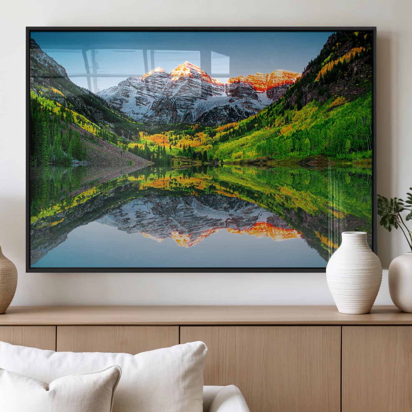 17996974-MGV-FP-36X24-3P_Black-Sunrise Maroon Bells Lake Wall Art Canvas Print – Framed Elk Mountains Landscape Artwork for Home, Office
