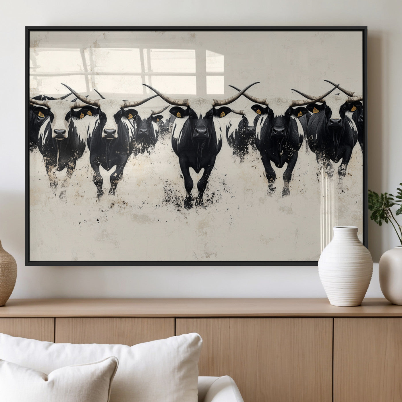 MGV-FP-36X24-3P - Longhorn Cattle Wall Art – Canvas Print of Herd in Motion, Symmetry and Ink Splatter, Minimalist Western Ranch, Bold Rustic Farm Decor
