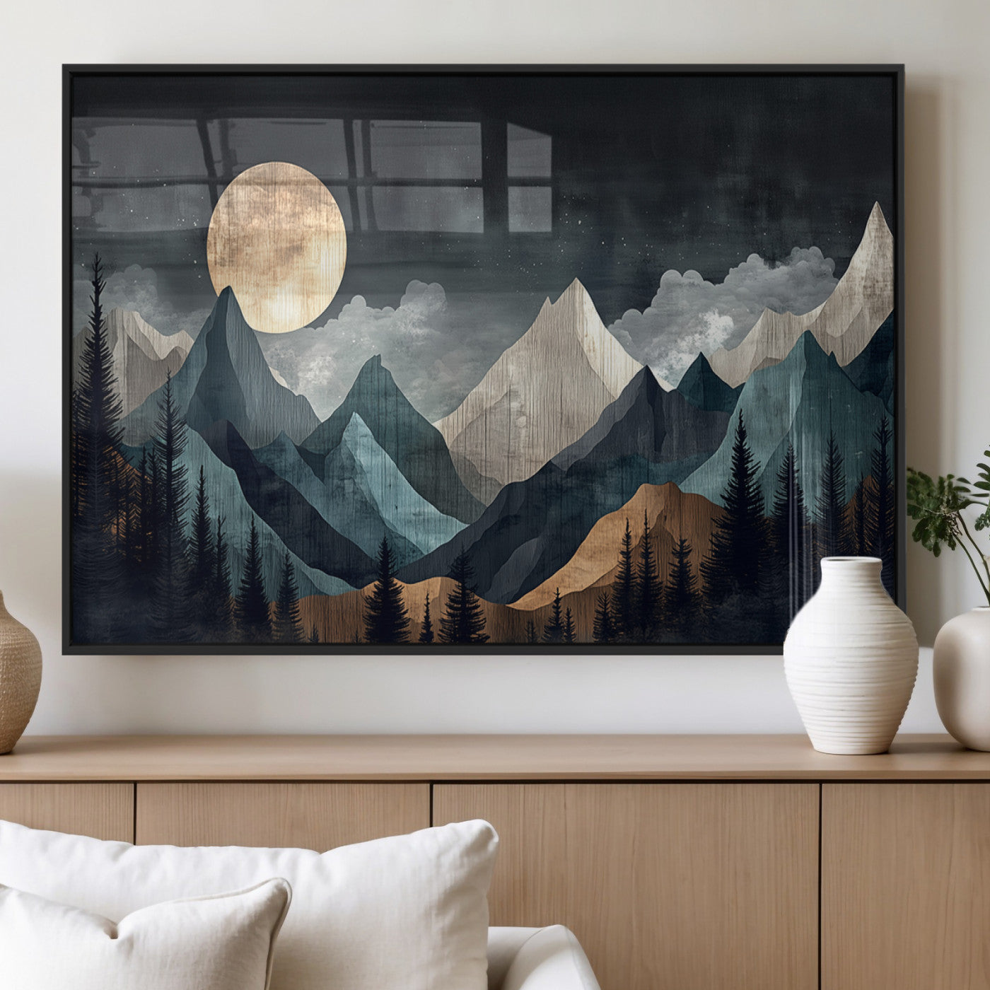 11060882-MGV-FP-36X24-3P_Black-Moonlit Mountain Wall Art Canvas Print – Silhouetted Pines Layered Peaks Tranquil Sky Mist Silver Light Nature Artwork for Home