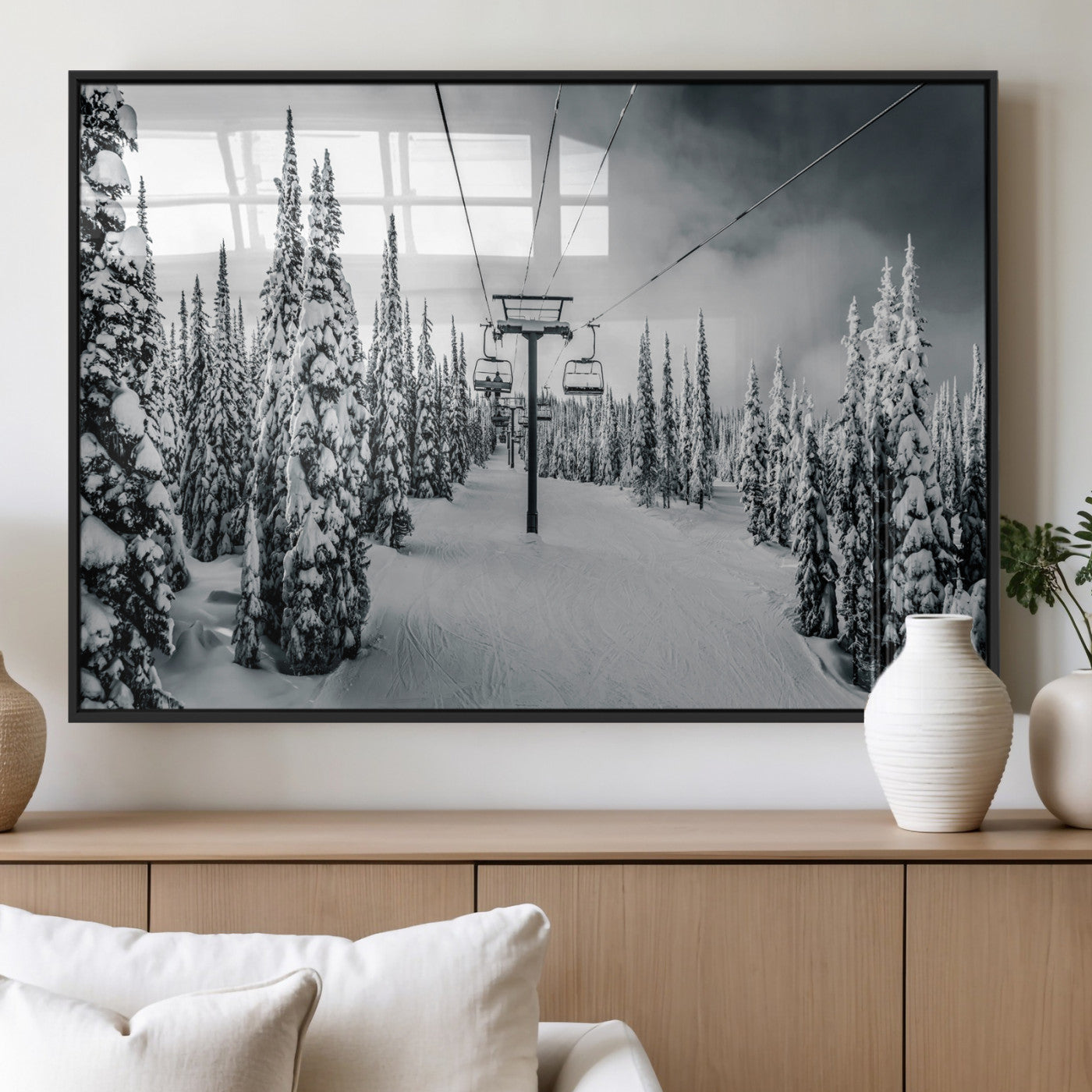 31156828-MGV-FP-36X24-3P_Black-Snowy Pines Wall Art Canvas Print – Framed Ski Lift Winter Forest Snowy Landscape Moody Lodge Artwork for Home, Office